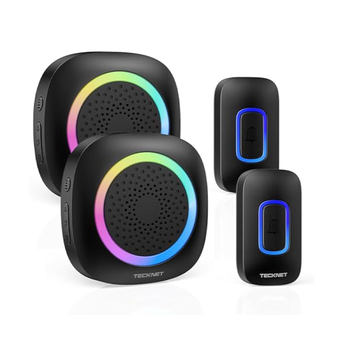 TECKNET Funkklingel 2 Empfänger 2 Sender, Kabellose Türklingel Batteriebetrieben mit RGB Licht