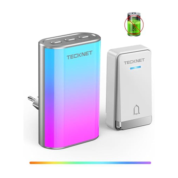 TECKNET Türklingel Batterielose, Steckdosen-Funkklingel mit EU-Steckdose und RGB Licht