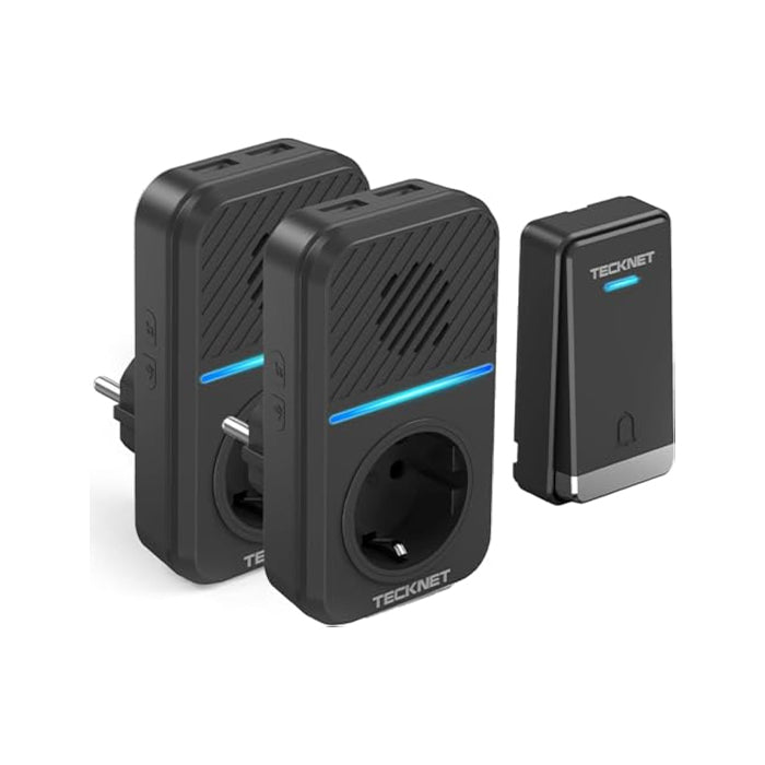 TECKNET Funkklingel Batterielose, Steckdosen Kabellose Türklingel, IP65 Wasserdicht Drahtloses Funk Türklingel mit 2 EU-Steckdose und USB