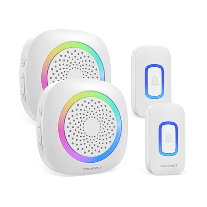 TECKNET Funkklingel 2 Empfänger 2 Sender, Kabellose Türklingel Batteriebetrieben mit RGB Licht