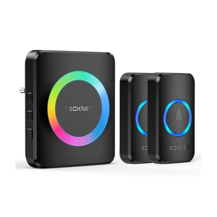 TECKNET Funkklingel, IP65 Funk klingel Set Aussen Wasserdicht, Kabellose Türklingel 600M Reichweite, Haustür Klingel kit mit 1 Plug-In-Empfänger und 2 Sender