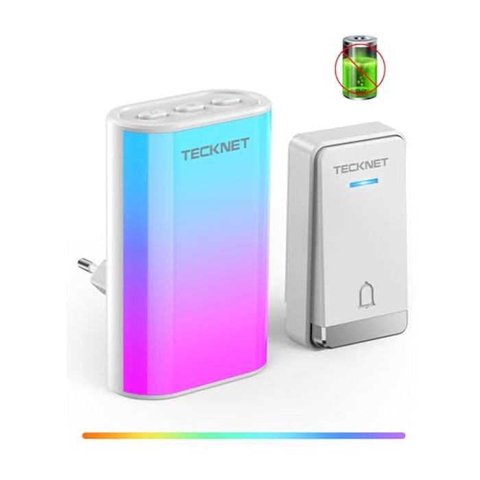 TECKNET Türklingel Batterielose, Steckdosen-Funkklingel mit EU-Steckdose und RGB Licht