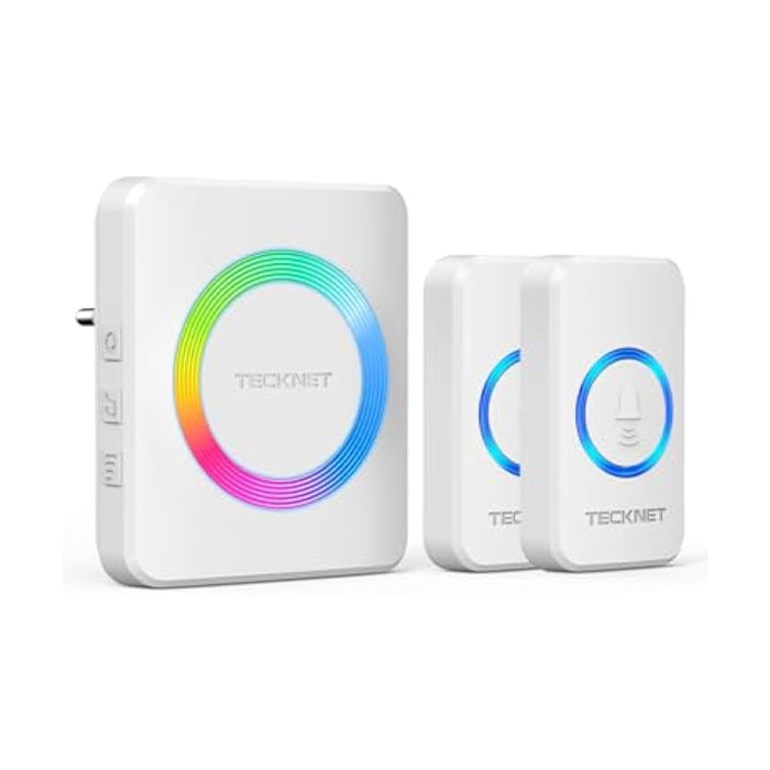 TECKNET Funkklingel, IP65 Funk klingel Set Aussen Wasserdicht, Kabellose Türklingel 600M Reichweite, Haustür Klingel kit mit 1 Plug-In-Empfänger und 2 Sender