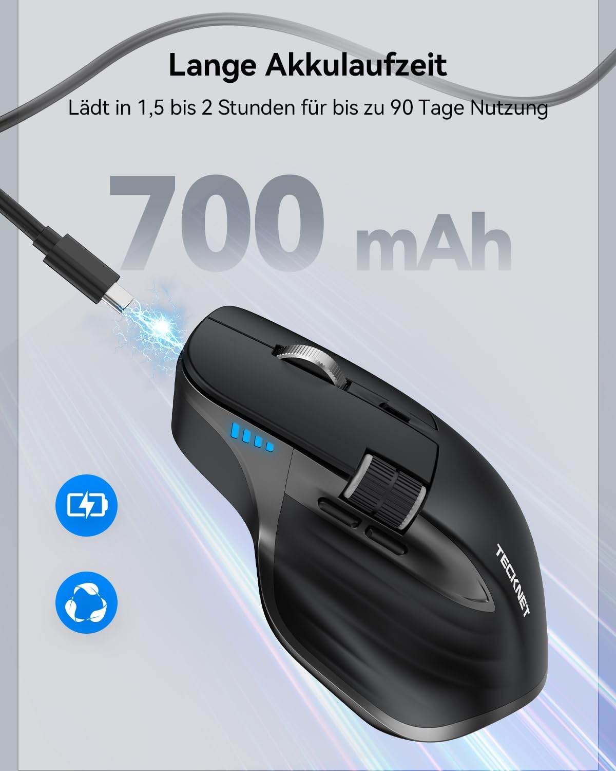 TECKNET Bluetooth kabellose Maus(BT 5.0/5.0+2,4G), Seitliches Mausrad, Superschnelles Scrollen, Wiederaufladbare Ergonomische, Maus Silent Mouse 4800 DPI, 7 Tasten