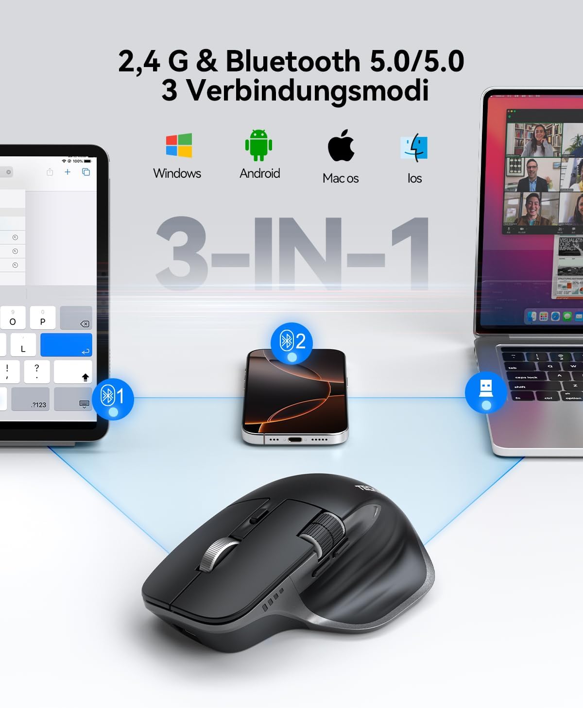 TECKNET Bluetooth kabellose Maus(BT 5.0/5.0+2,4G), Seitliches Mausrad, Superschnelles Scrollen, Wiederaufladbare Ergonomische, Maus Silent Mouse 4800 DPI, 7 Tasten