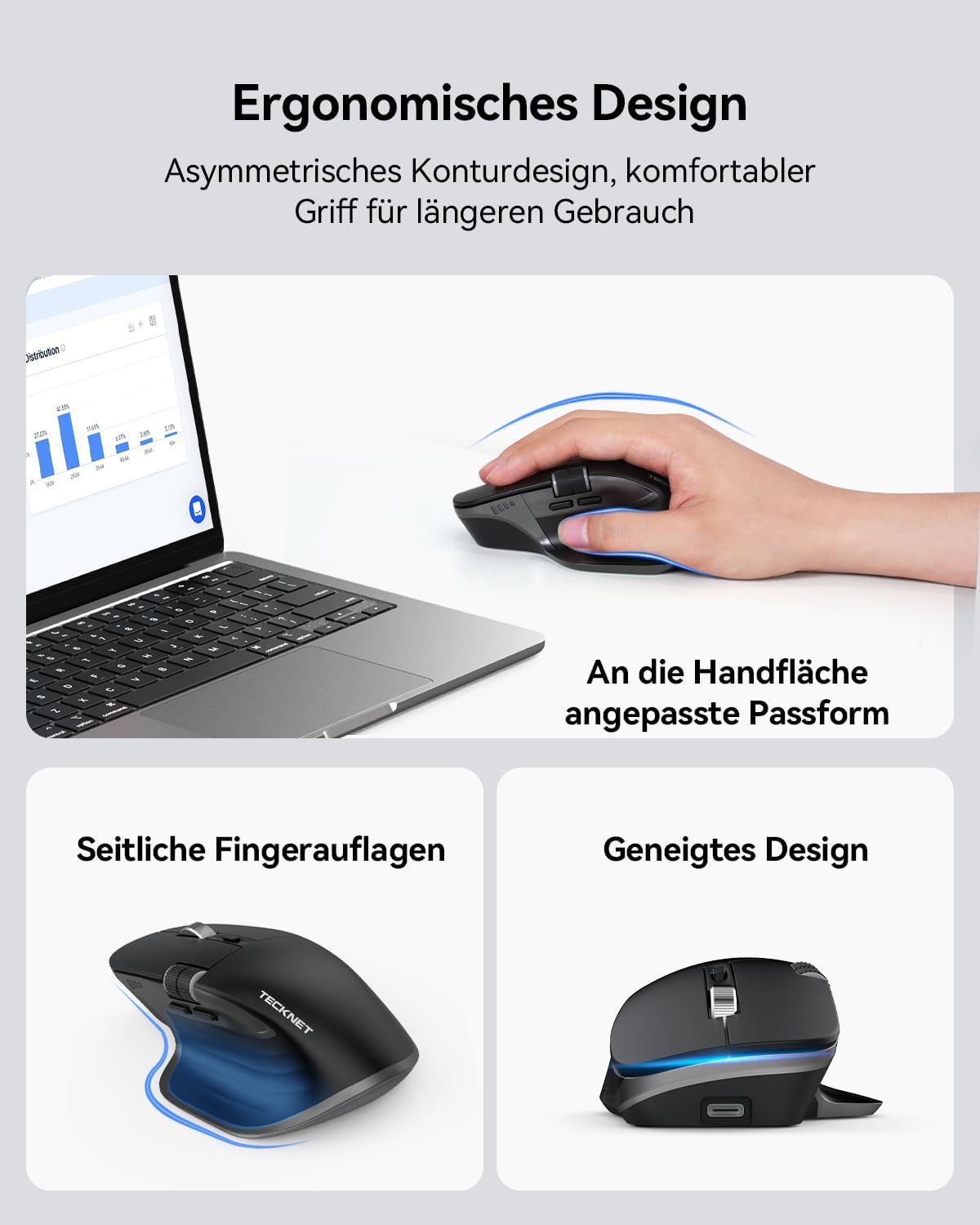 TECKNET Bluetooth kabellose Maus(BT 5.0/5.0+2,4G), Seitliches Mausrad, Superschnelles Scrollen, Wiederaufladbare Ergonomische, Maus Silent Mouse 4800 DPI, 7 Tasten