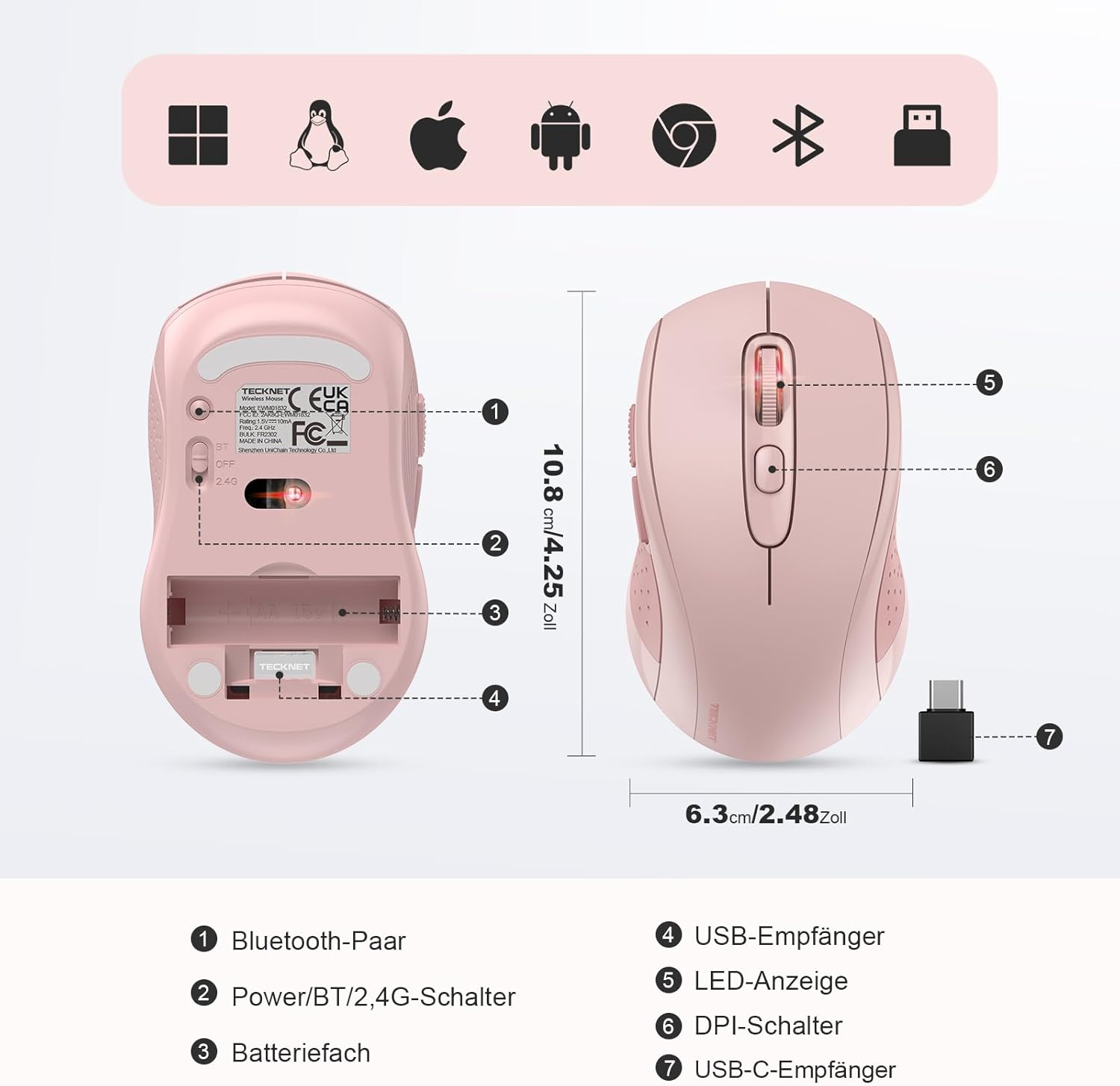 TECKNET Bluetooth Maus, 2.4G Maus Kabellos (BT 5.0/3.0 + USB A + USB C) 4000 DPI