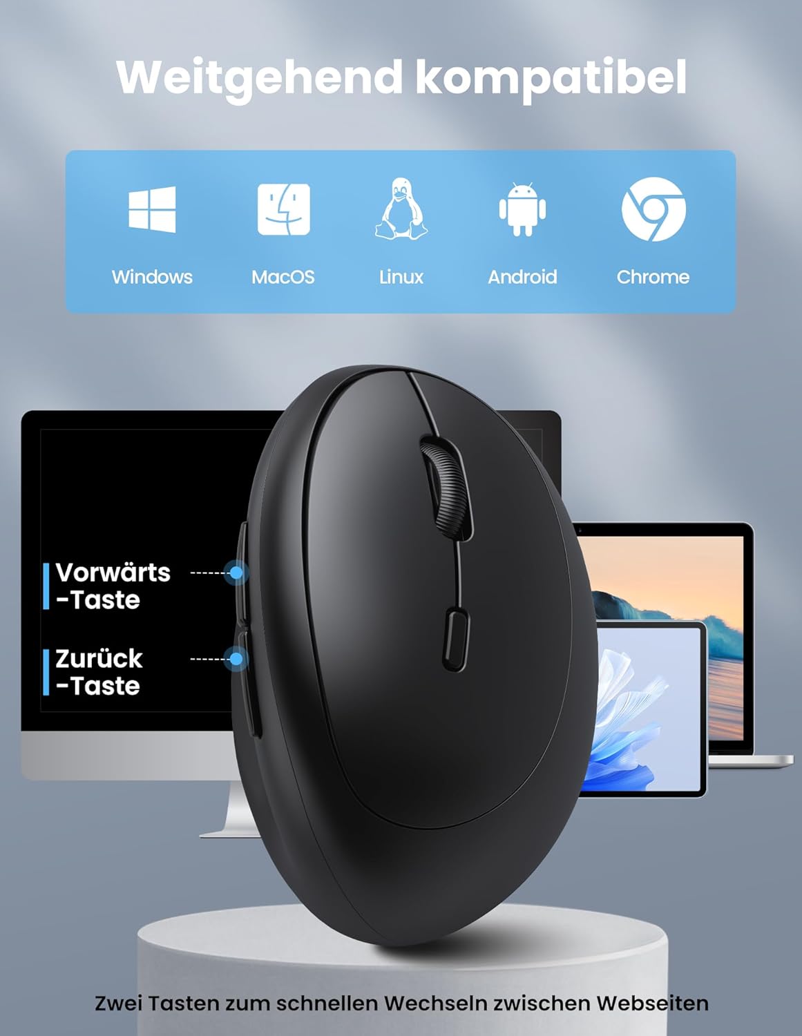 TECKNET Ergonomische Maus Bluetooth, Wiederaufladbar Maus Kabellos mit 3 Gerät (BT 5.0/3.0 + 2.4G)