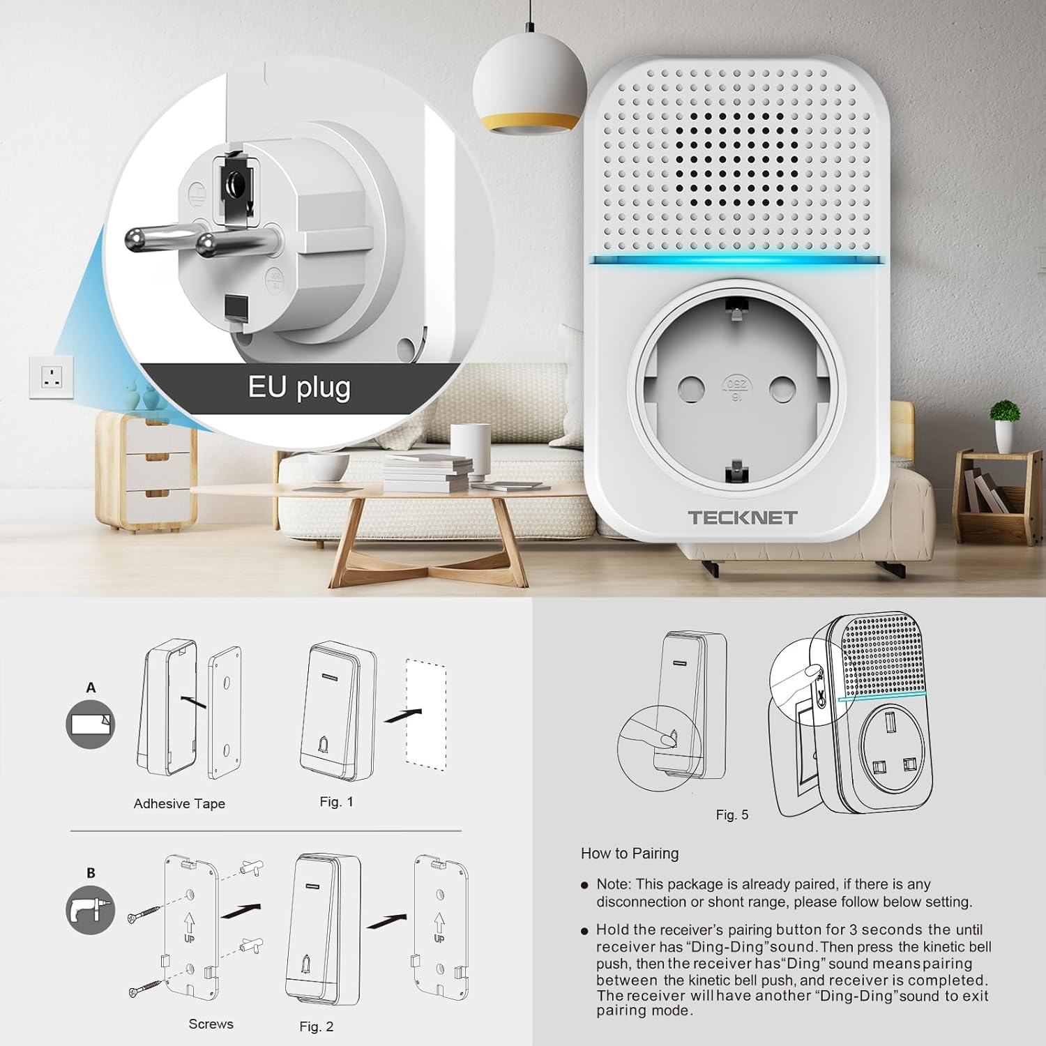 TECKNET Kabellose Türklingel Batterielose, Steckdosen-Funkklingel Wasserdicht Drahtloses Funk Türklingel mit 3 EU-Steckdose und 1 Sender