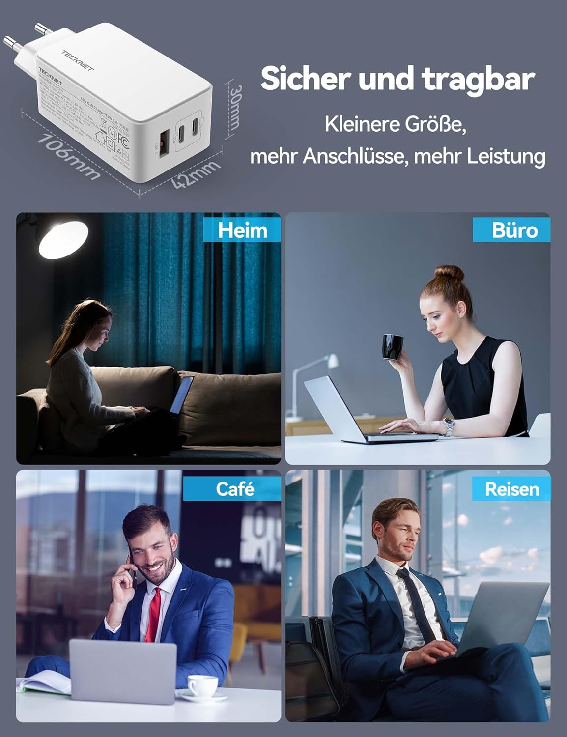 TECKNET USB C Ladegerät 65W 3-Port PPS Schnellladegerät