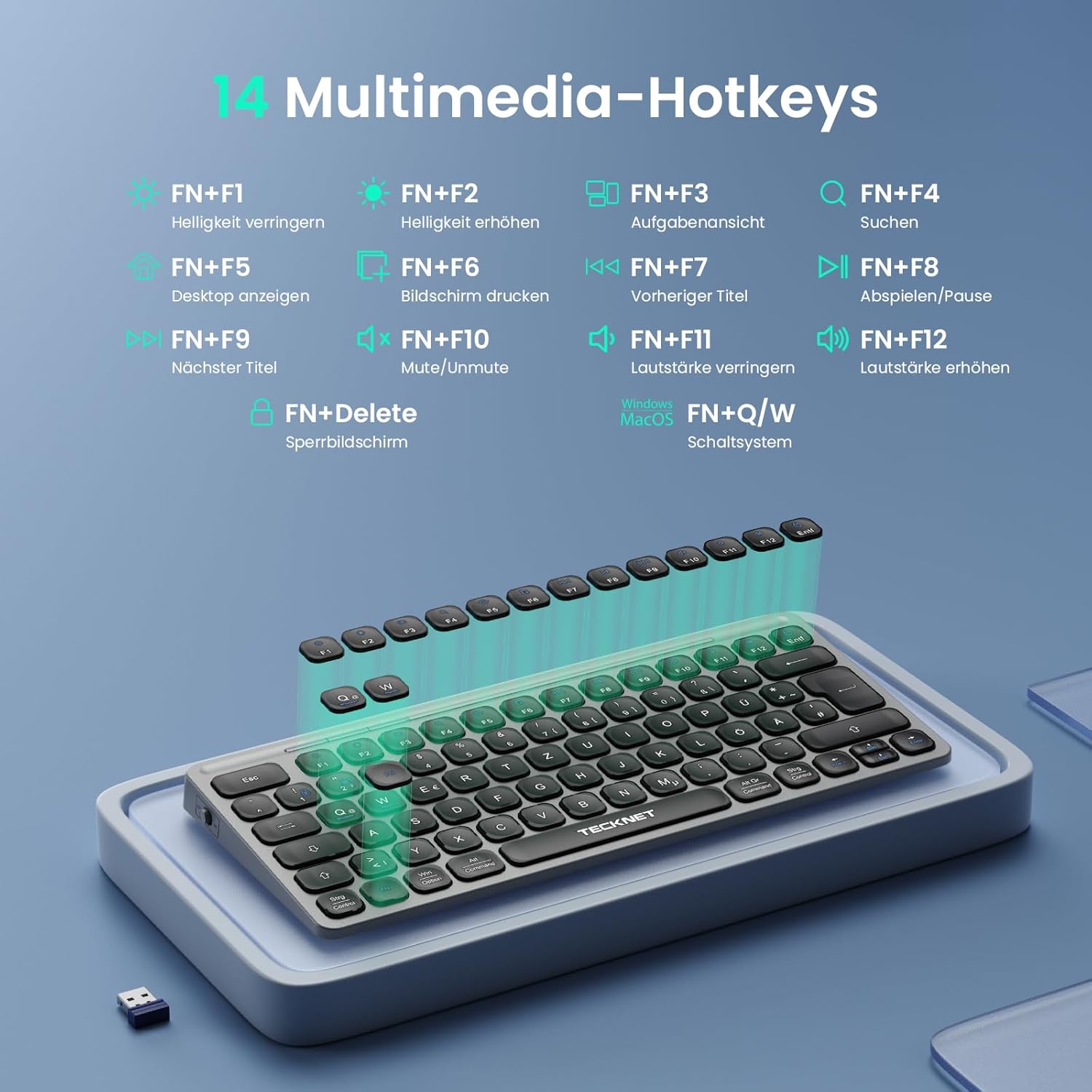 TECKNET Tastatur Kabellos, Wiederaufladbare Mini Bluetooth Tastaturen