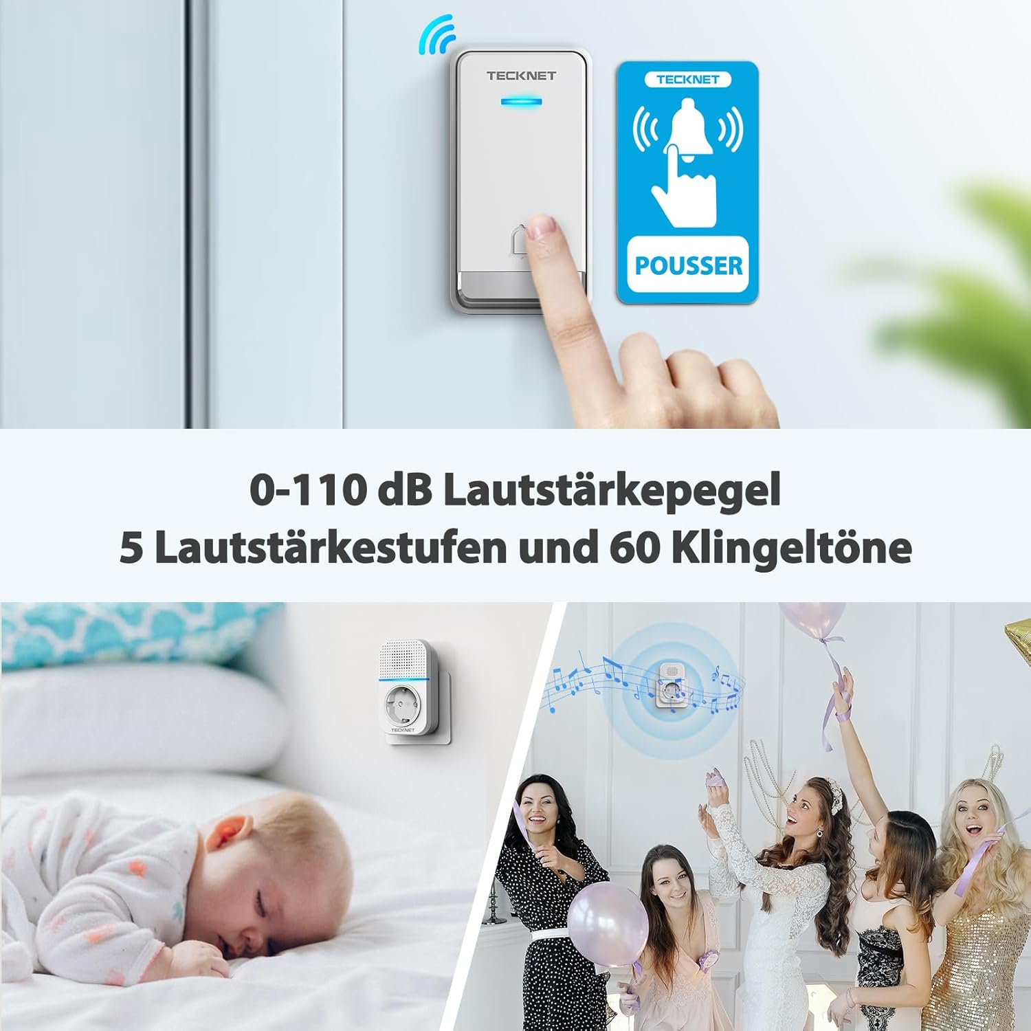 TECKNET Kabellose Türklingel Batterielose, Steckdosen-Funkklingel Wasserdicht Drahtloses Funk Türklingel mit 3 EU-Steckdose und 1 Sender