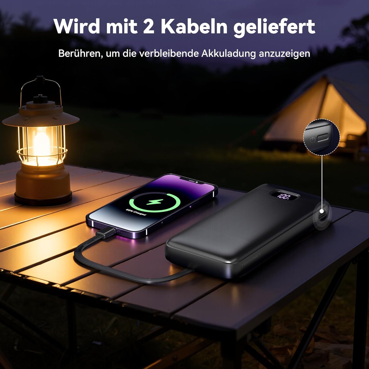 TECKNET Power Bank, 20000mAh 22,5W Schnellladefunktion Powerbank mit USB C Kabel und LED-Display
