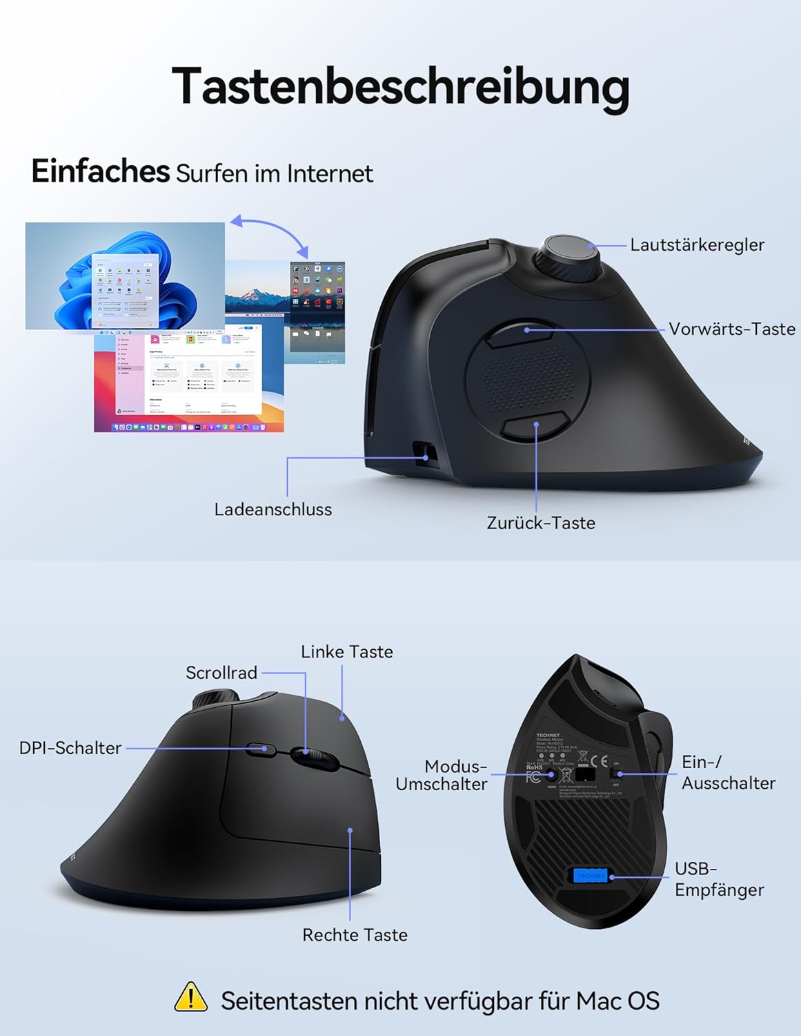 TECKNET Vertikale Ergonomische Maus Kabellos mit Lautstärkeregler