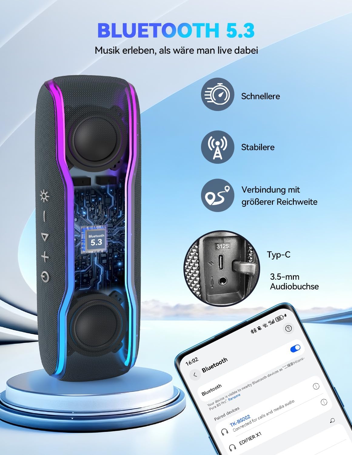 TECKNET Bluetooth Lautsprecher mit Licht