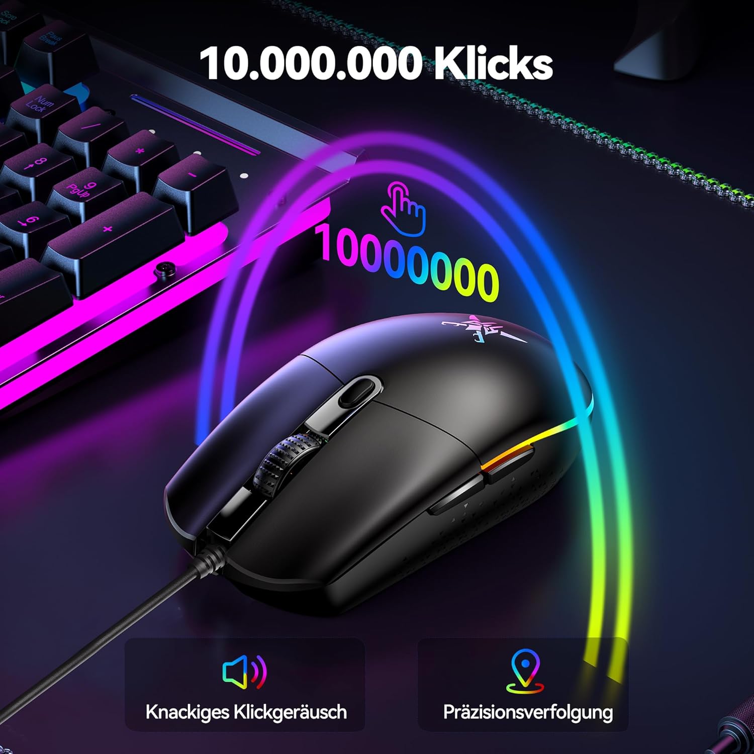TECKNET RGB Gaming Maus mit Kabel, 10000 DPI