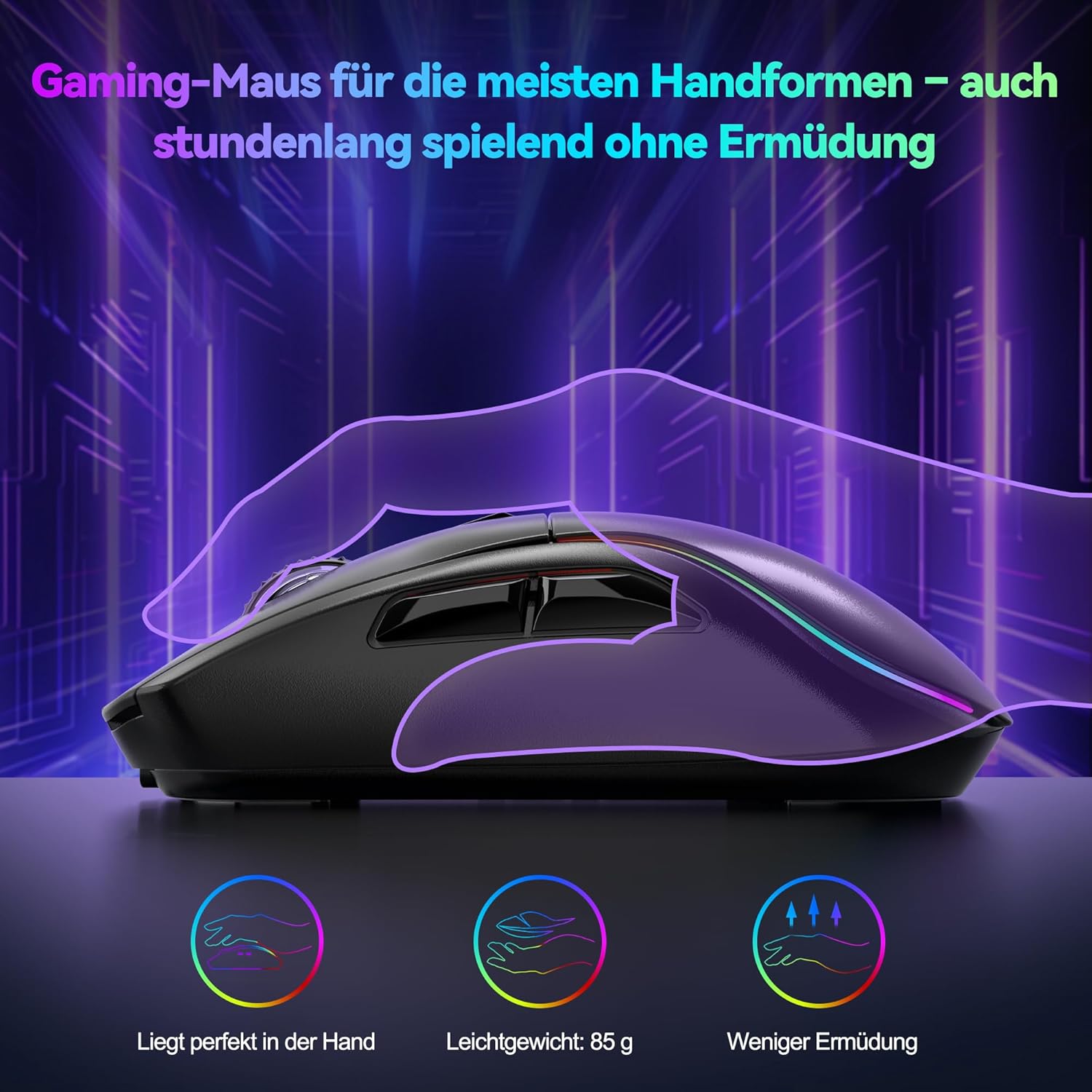 TECKNET Gaming Maus Kabellos, 24000 DPI mit DREI Verbindungsmodi und 6 RGB-Leuchten