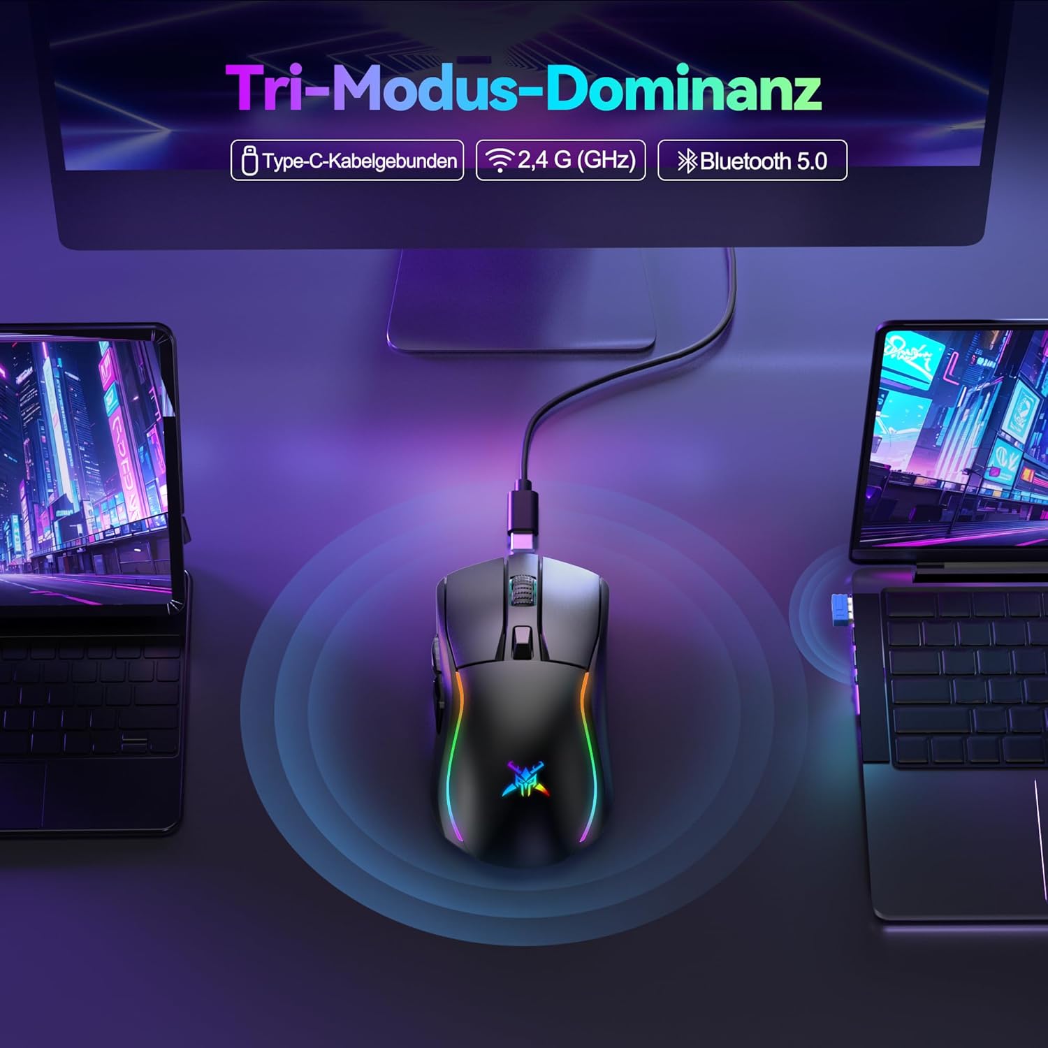 TECKNET Gaming Maus Kabellos, 24000 DPI mit DREI Verbindungsmodi und 6 RGB-Leuchten