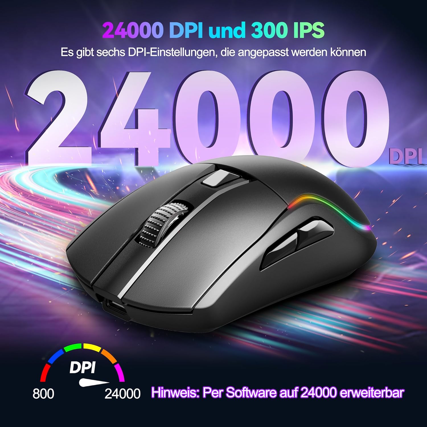 TECKNET Gaming Maus Kabellos, 24000 DPI mit DREI Verbindungsmodi und 6 RGB-Leuchten