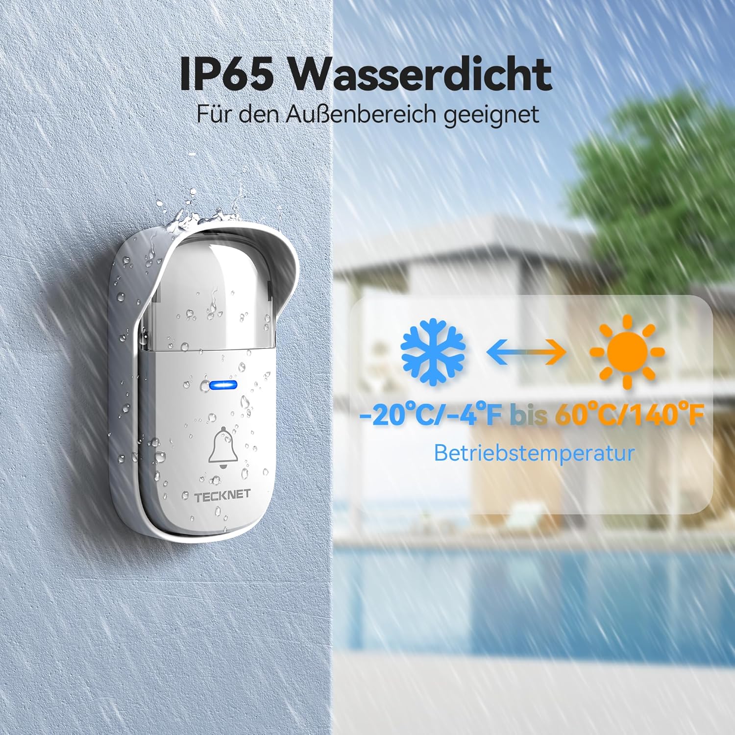 TECKNET Funkklingel Batterielose, IP65 Wasserdicht Funk Türklingel Set, Haustürklingel mit Plug-In-Empfänger