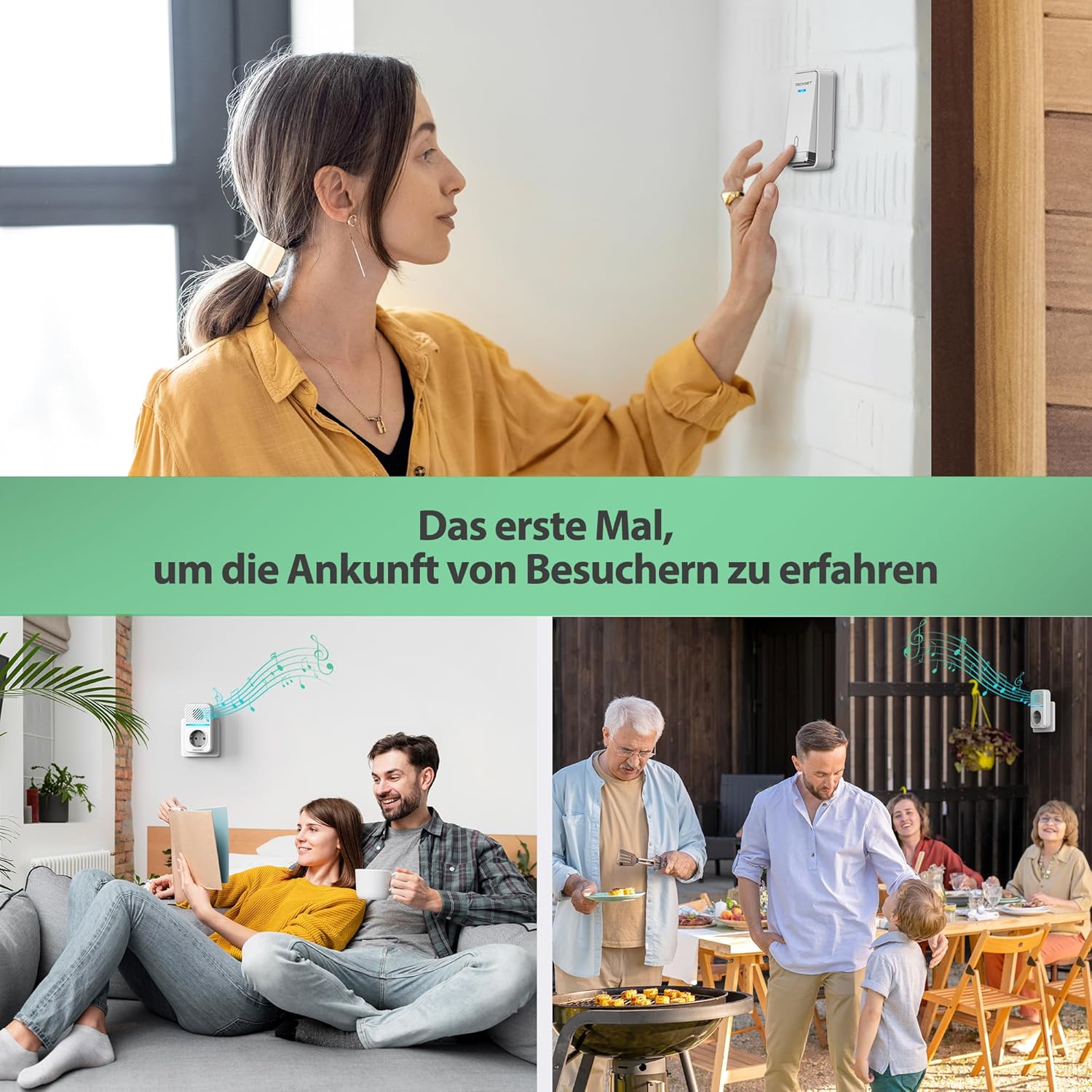 TECKNET Funkklingel Batterielose, Steckdosen Kabellose Türklingel, IP65 Wasserdicht Drahtloses Funk Türklingel mit 2 EU-Steckdose und USB