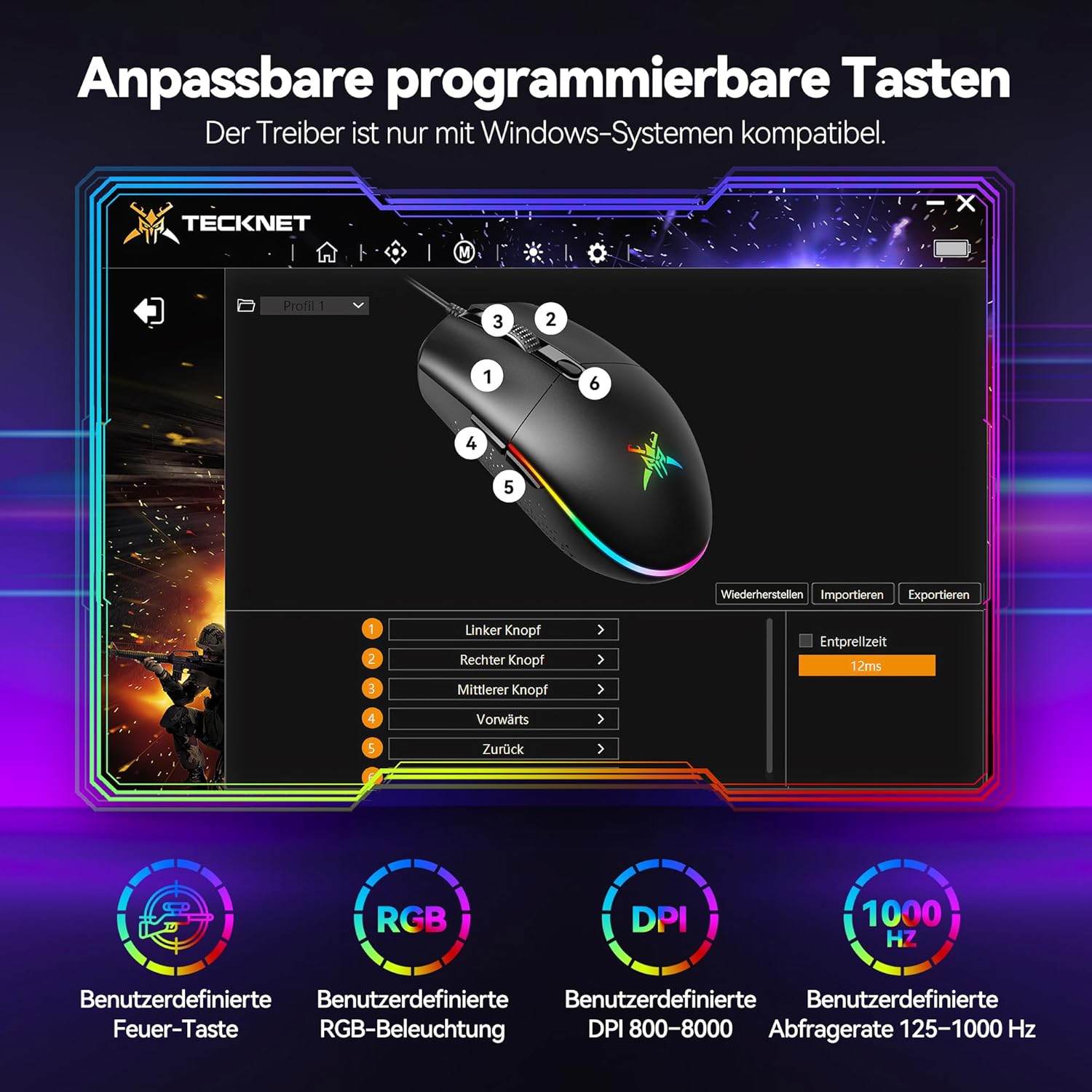 TECKNET RGB Gaming Maus mit Kabel, 10000 DPI