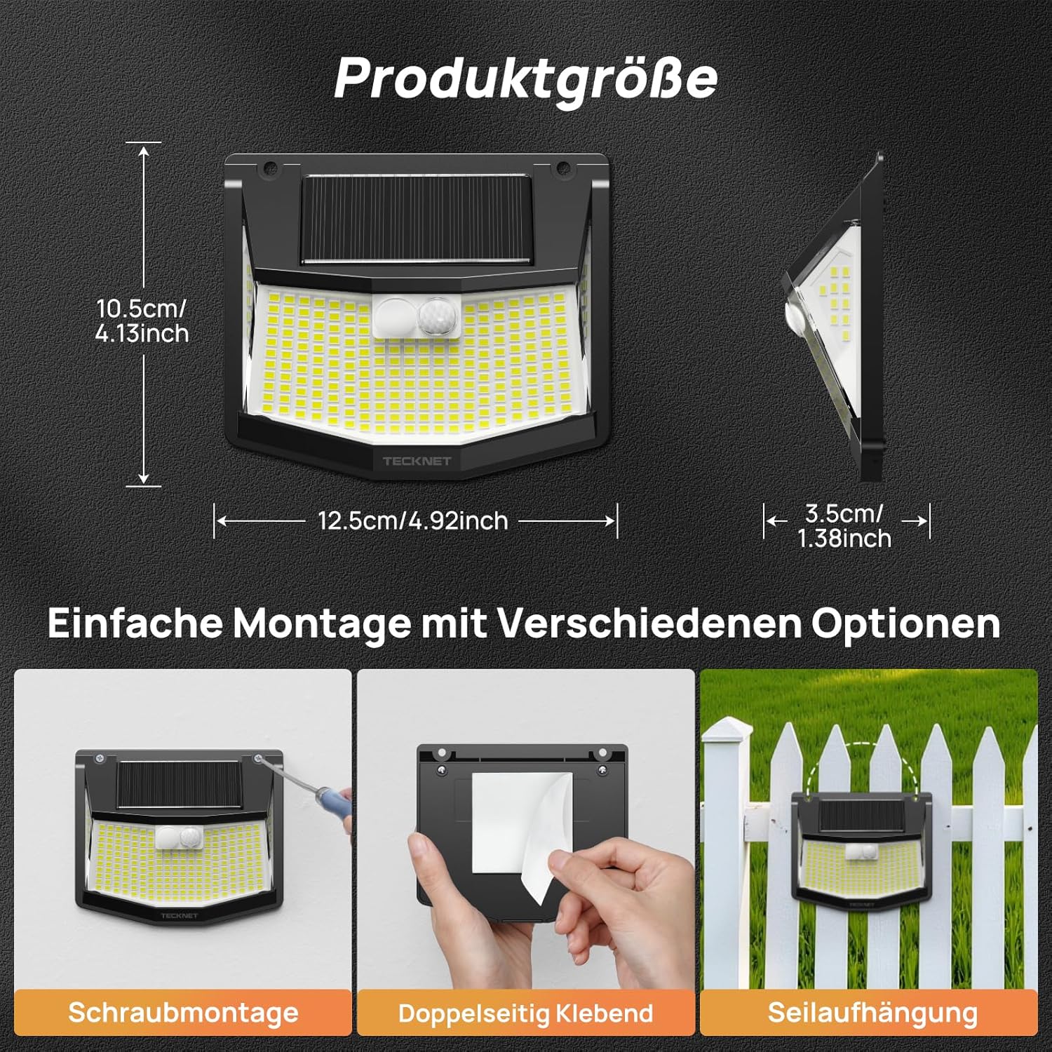 TECKNET Solarlampen für Außen mit Bewegungsmelder 248 LED Solarleuchten Lampe 3 Modi 300° IP66 Wasserdichte Solar Lampe