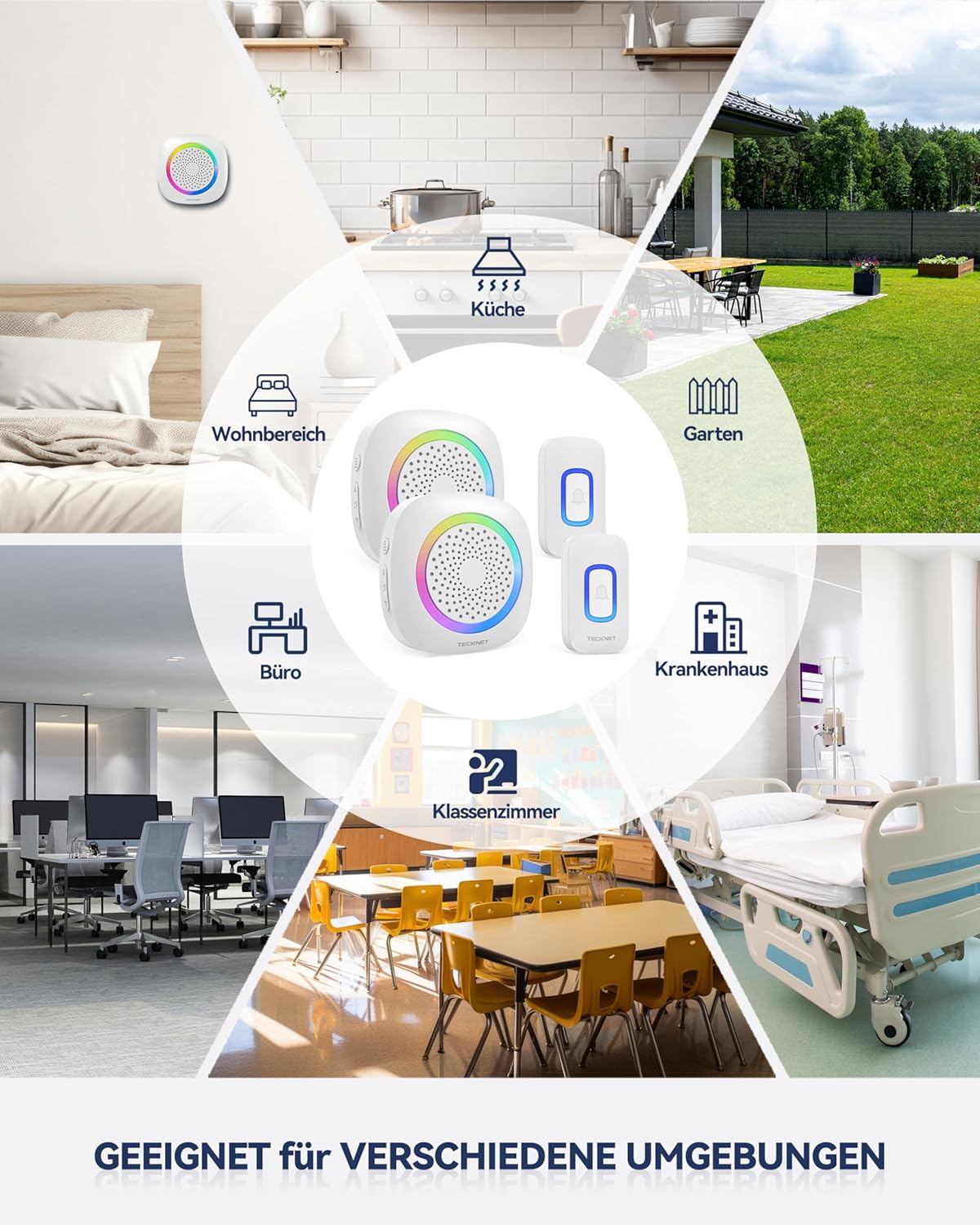 TECKNET Funkklingel 2 Empfänger 2 Sender, Kabellose Türklingel Batteriebetrieben mit RGB Licht