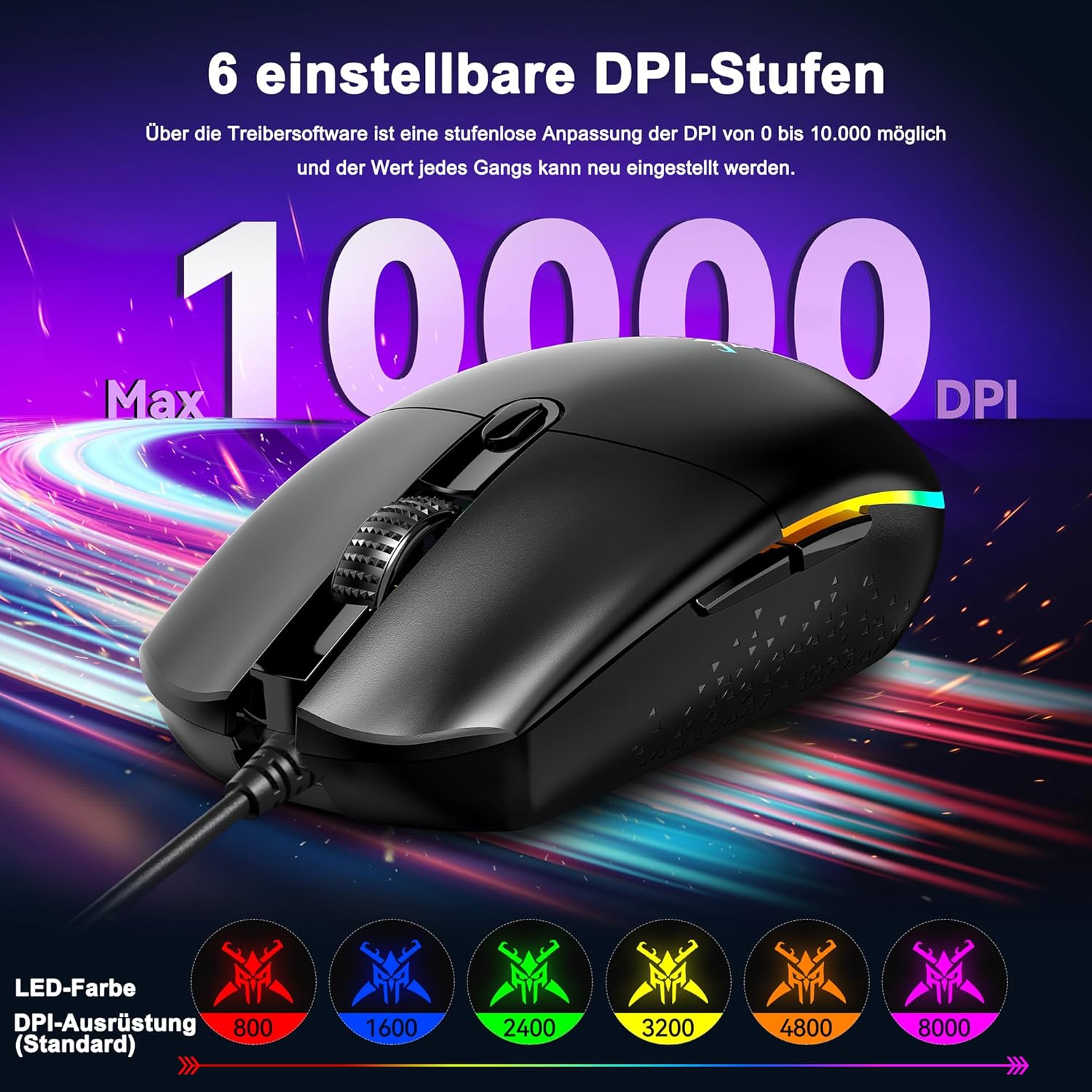 TECKNET RGB Gaming Maus mit Kabel, 10000 DPI