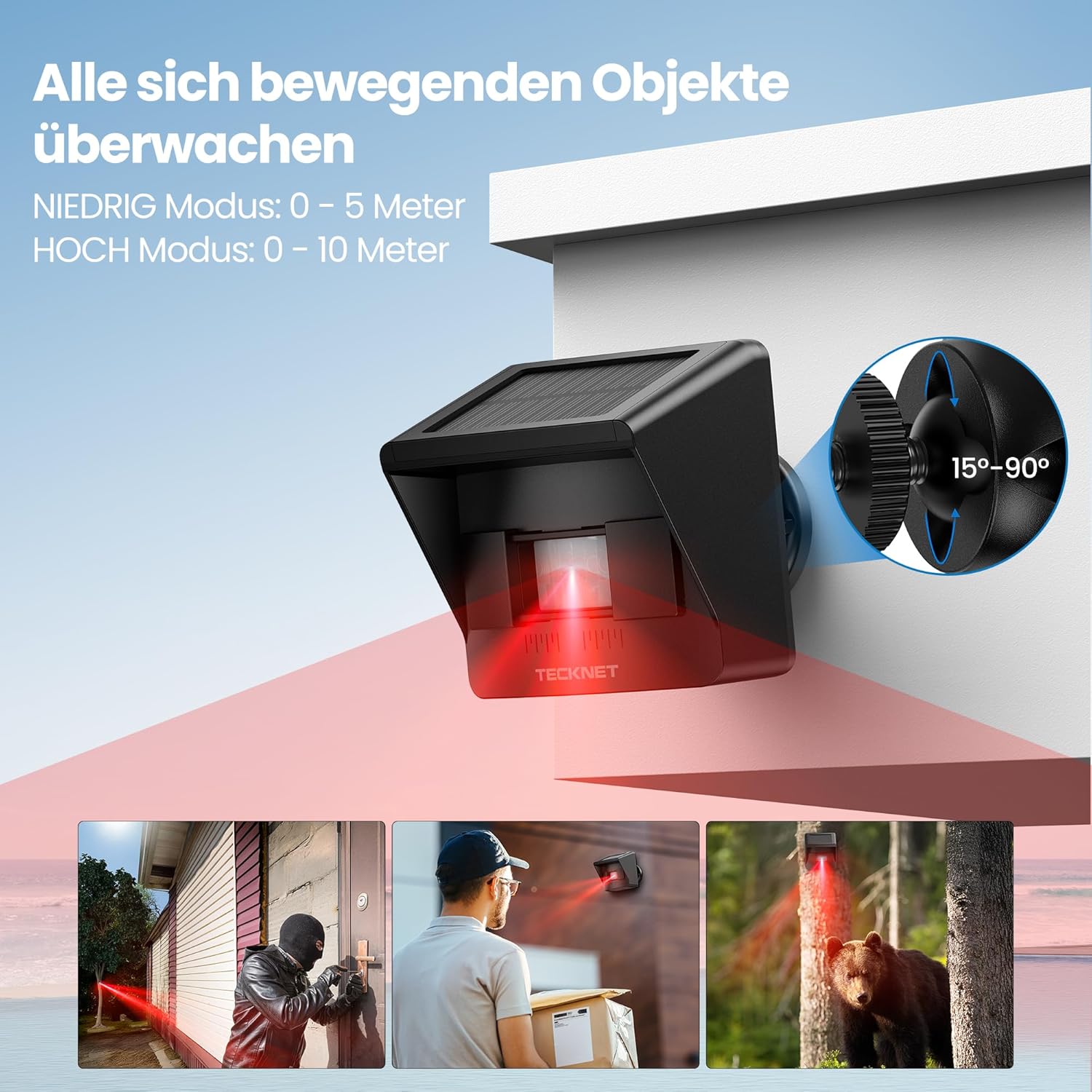 TECKNET Solar Bewegungsmelder Alarm mit 800 Meter Reichweite