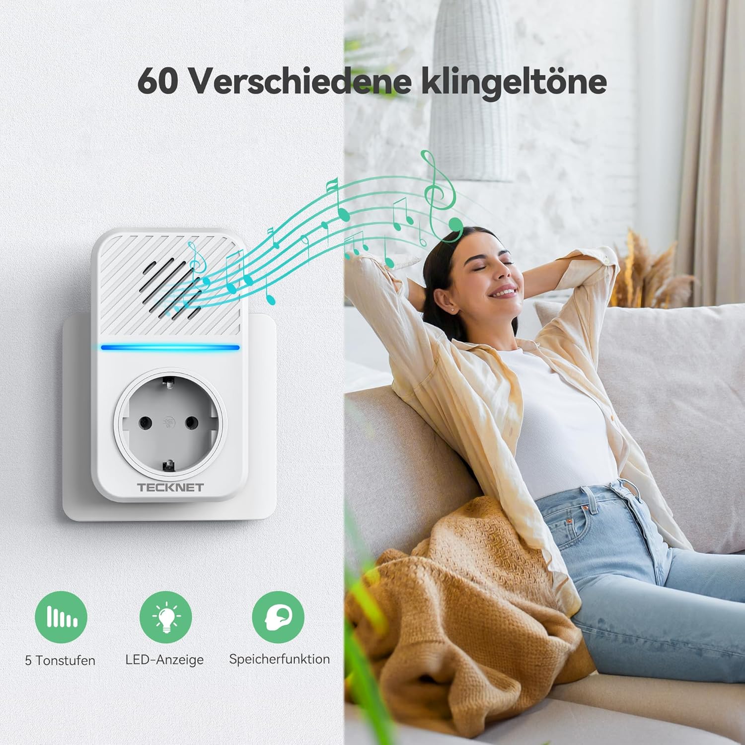 TECKNET Funkklingel Batterielose, Steckdosen Kabellose Türklingel, IP65 Wasserdicht Drahtloses Funk Türklingel mit 2 EU-Steckdose und USB