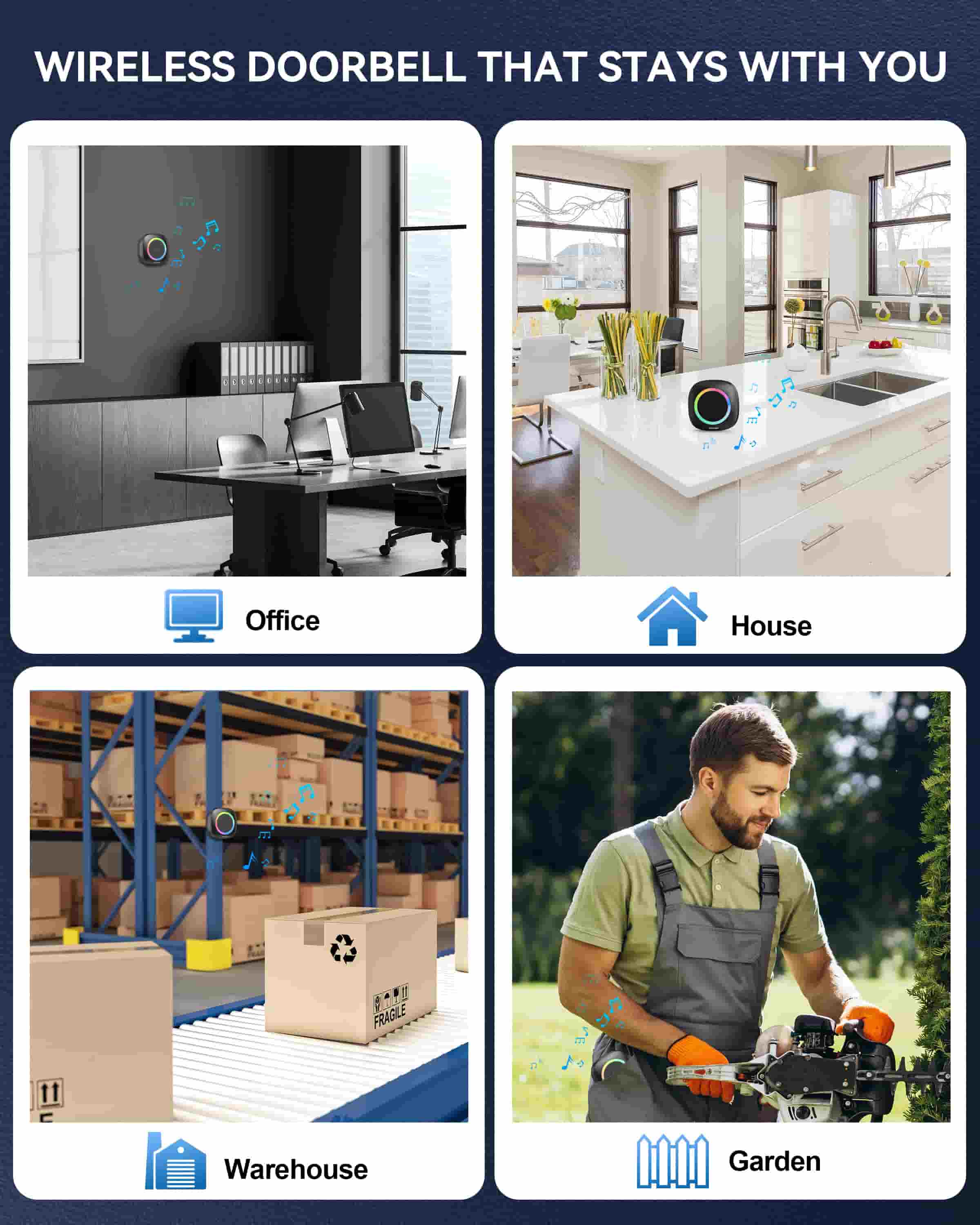 TECKNET Funkklingel, Kabellose Türklingel Batteriebetrieben mit RGB Licht 60 Melodien