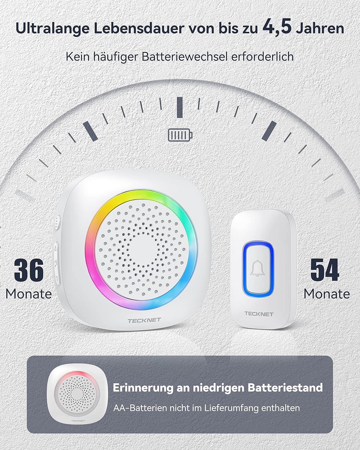 TECKNET Funkklingel 2 Empfänger 2 Sender, Kabellose Türklingel Batteriebetrieben mit RGB Licht