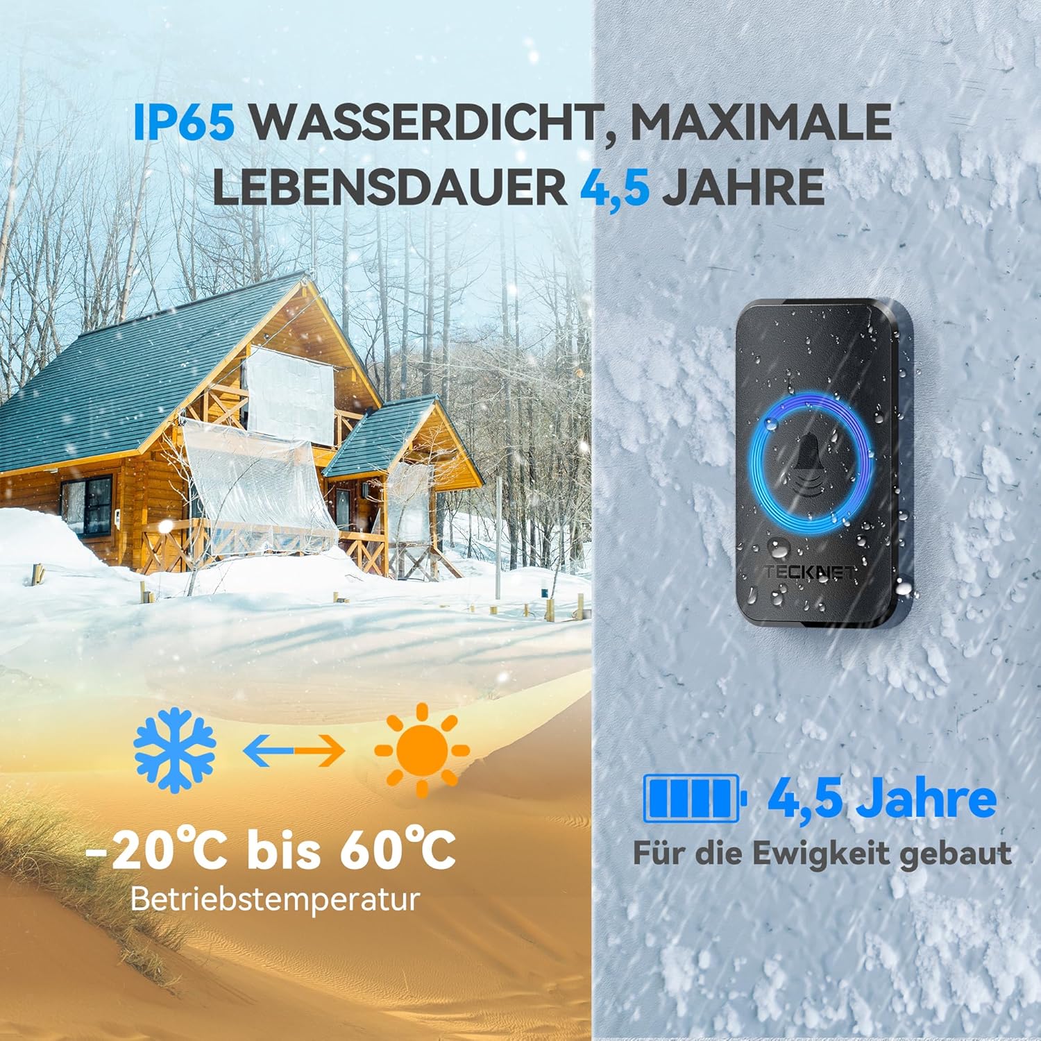TECKNET Funkklingel, IP65 Funk klingel Set Aussen Wasserdicht