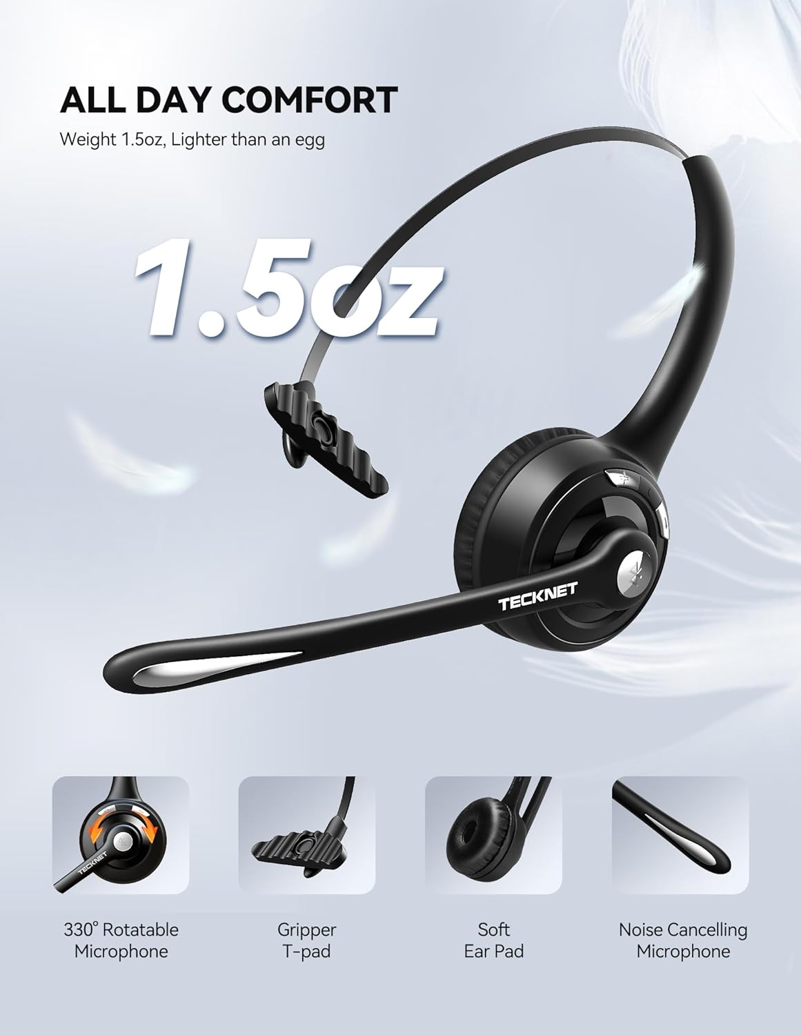 TECKNET Bluetooth Headset mit Mikrofon, kabelloses PC Headset