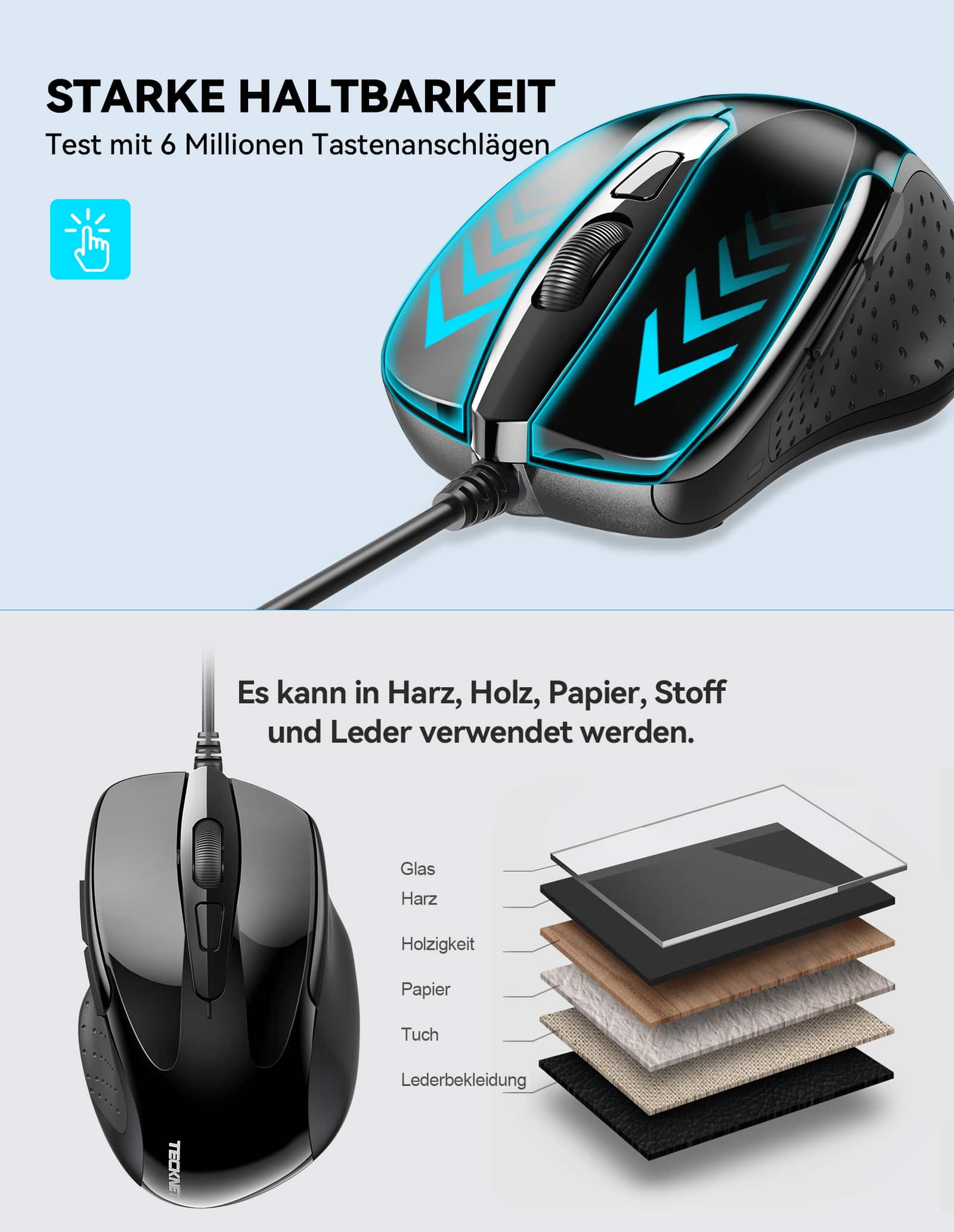 TECKNET USB-verkabelte Maus, 6-Tasten-Kabelgebundene Maus mit 4 einstellbaren DPI