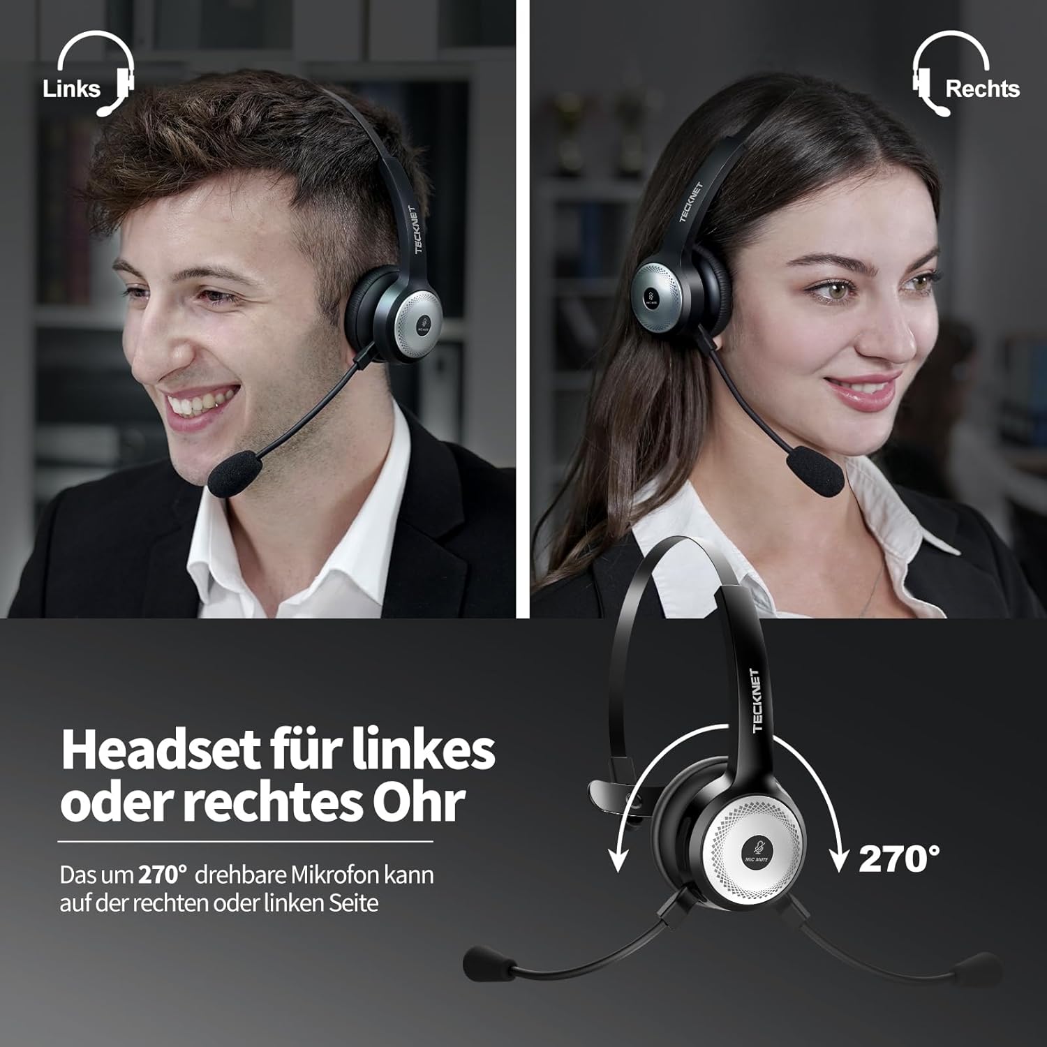 TECKNET Bluetooth Headset mit Mikrofon, USB PC Bluetooth Headset mit AI Rauschunterdrückung