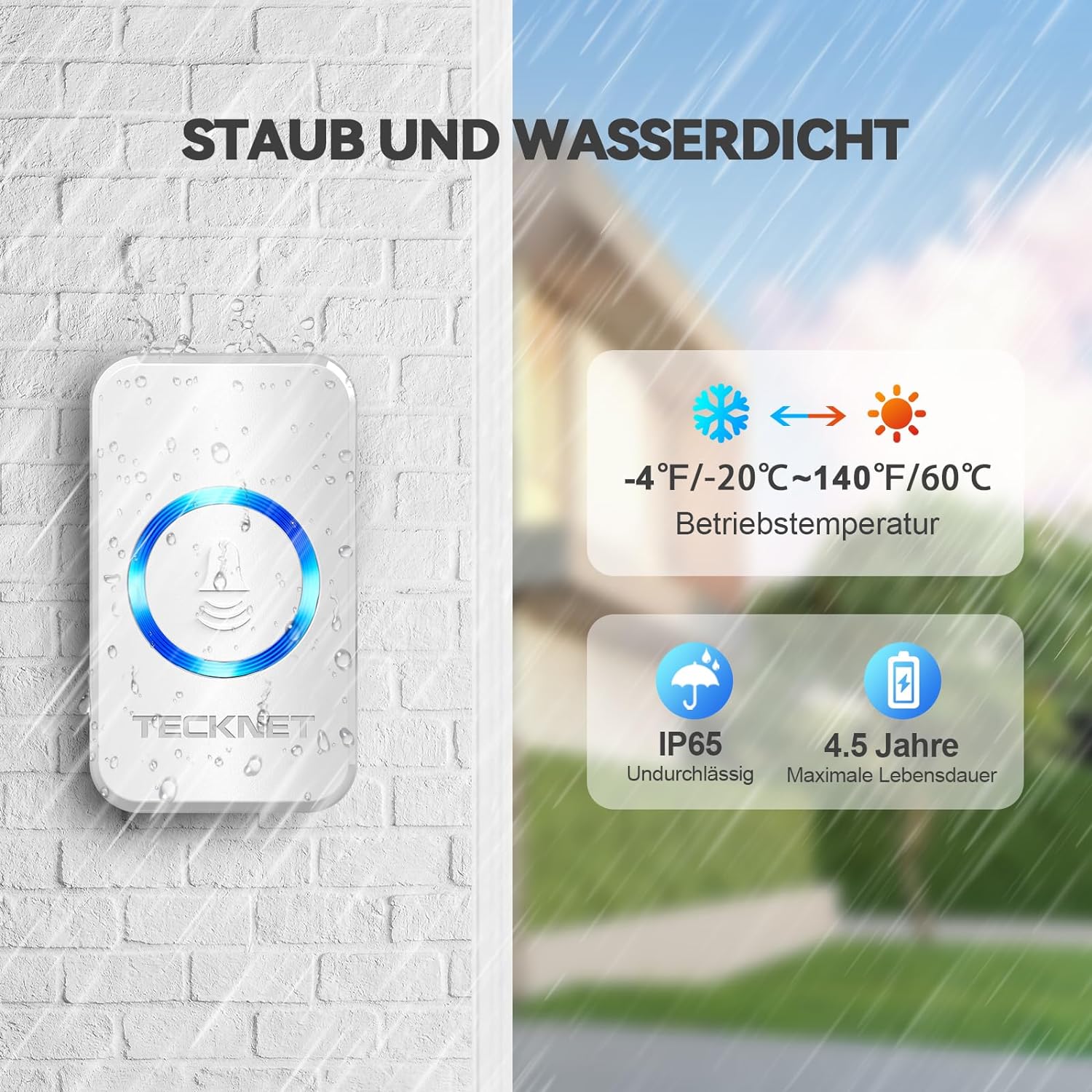 TECKNET Funkklingel, IP65 Funk klingel Set Aussen Wasserdicht, Kabellose Türklingel 400m Reichweite