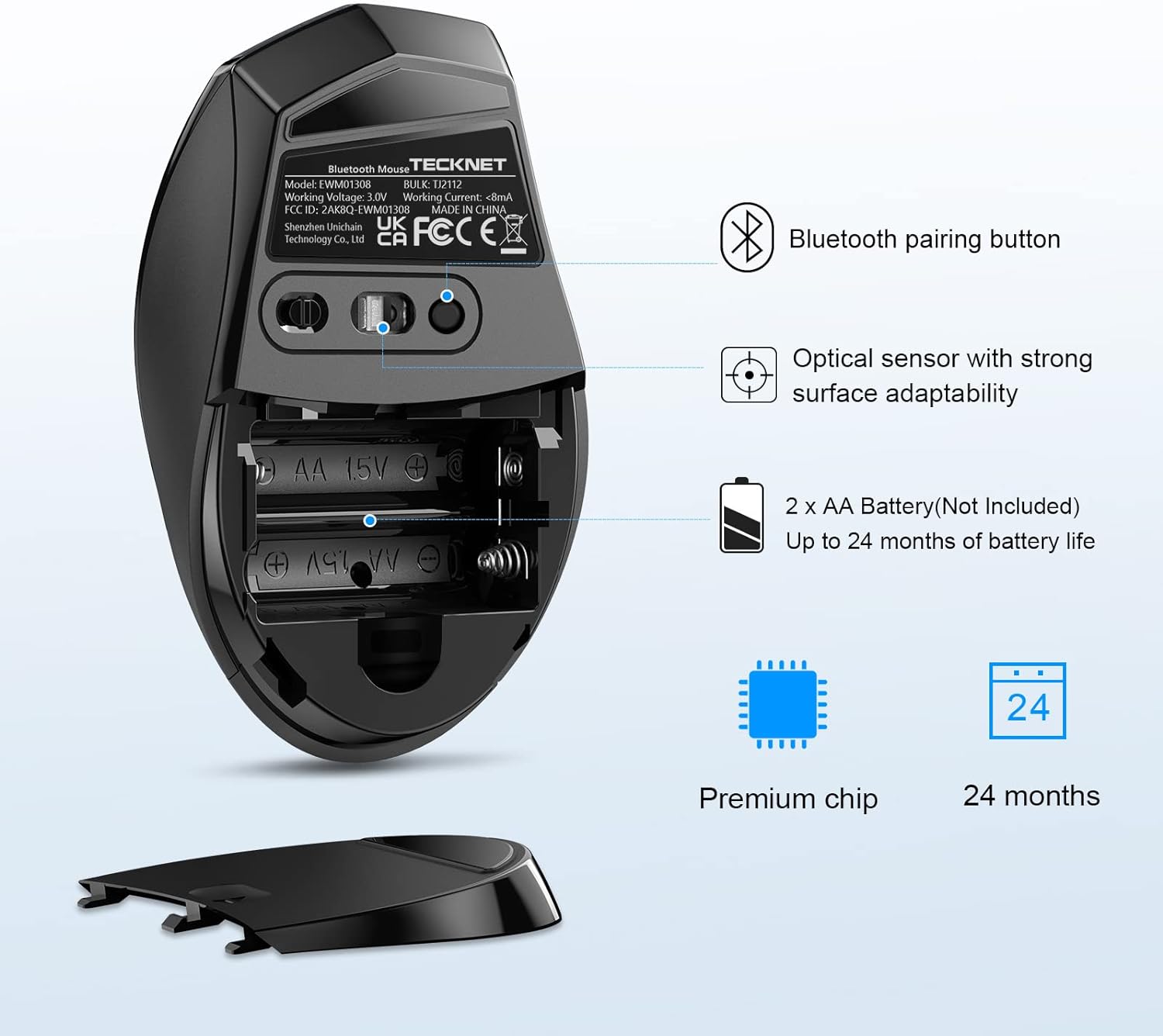 TECKNET Maus Kabellos, 3200 DPI Maus Kabellose Bluetooth Mouse 6 Verstellbare DPI Level