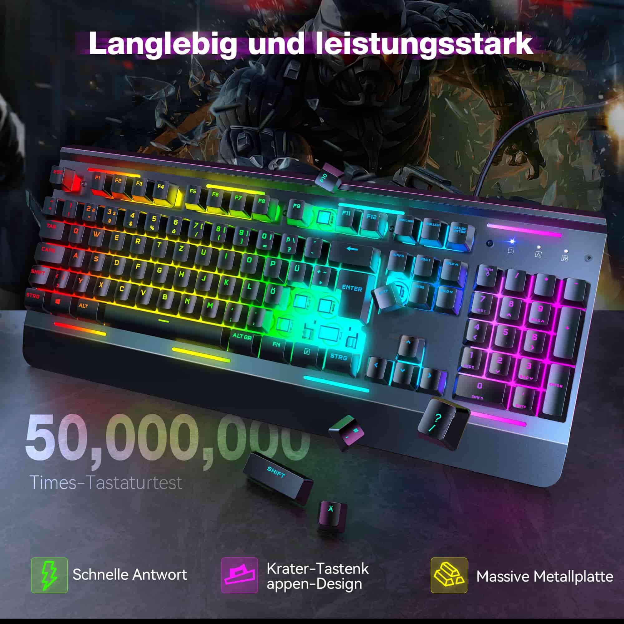 TECKNET RGB Gaming-Tastatur für PC, Membrantastatur mit 105 Tasten im deutschen Layout (QWERTZ)