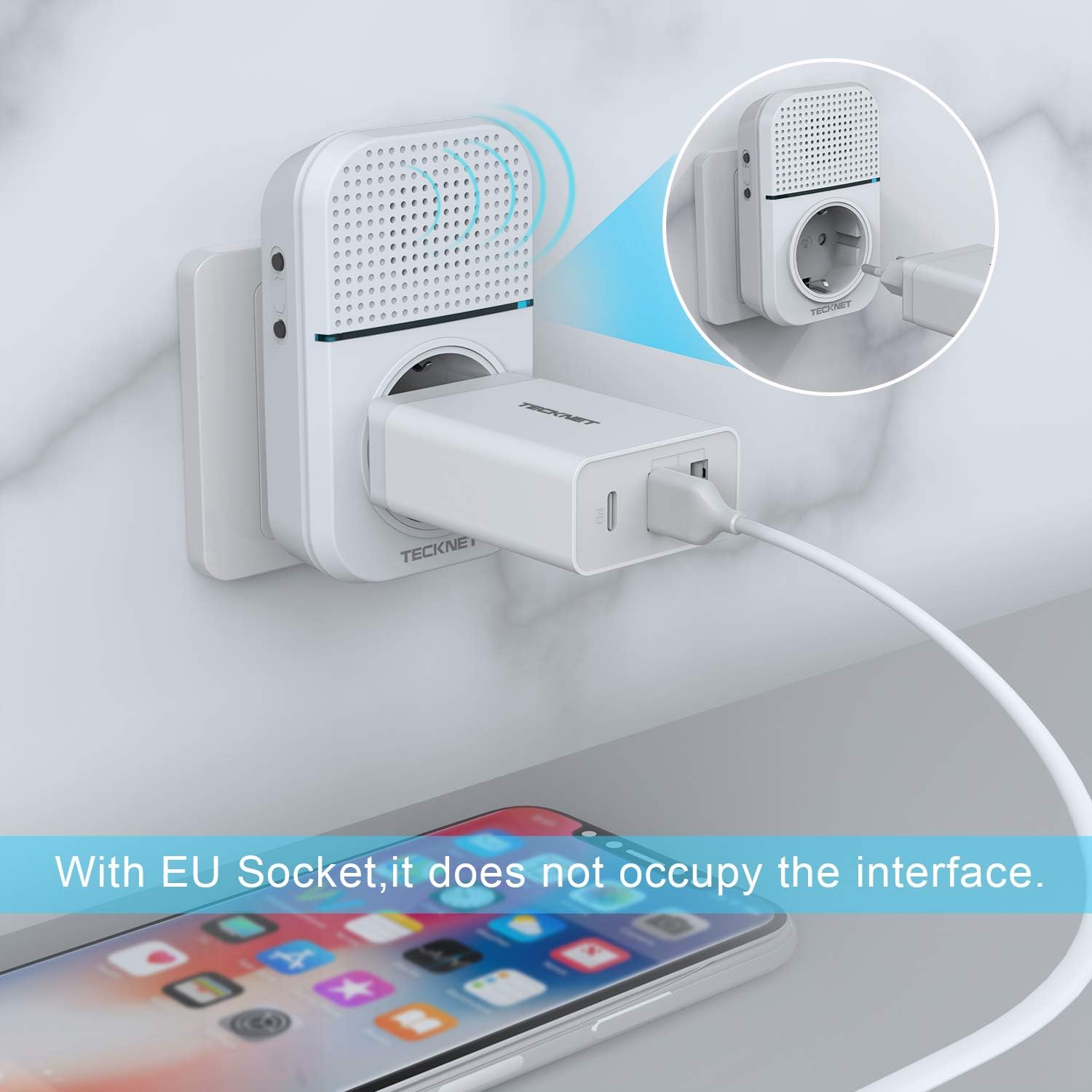 TECKNET Türklingel Batterielose, IP65 Wasserdicht Steckdosen-Funkklingel 400m Funk Türklingel Drahtloses