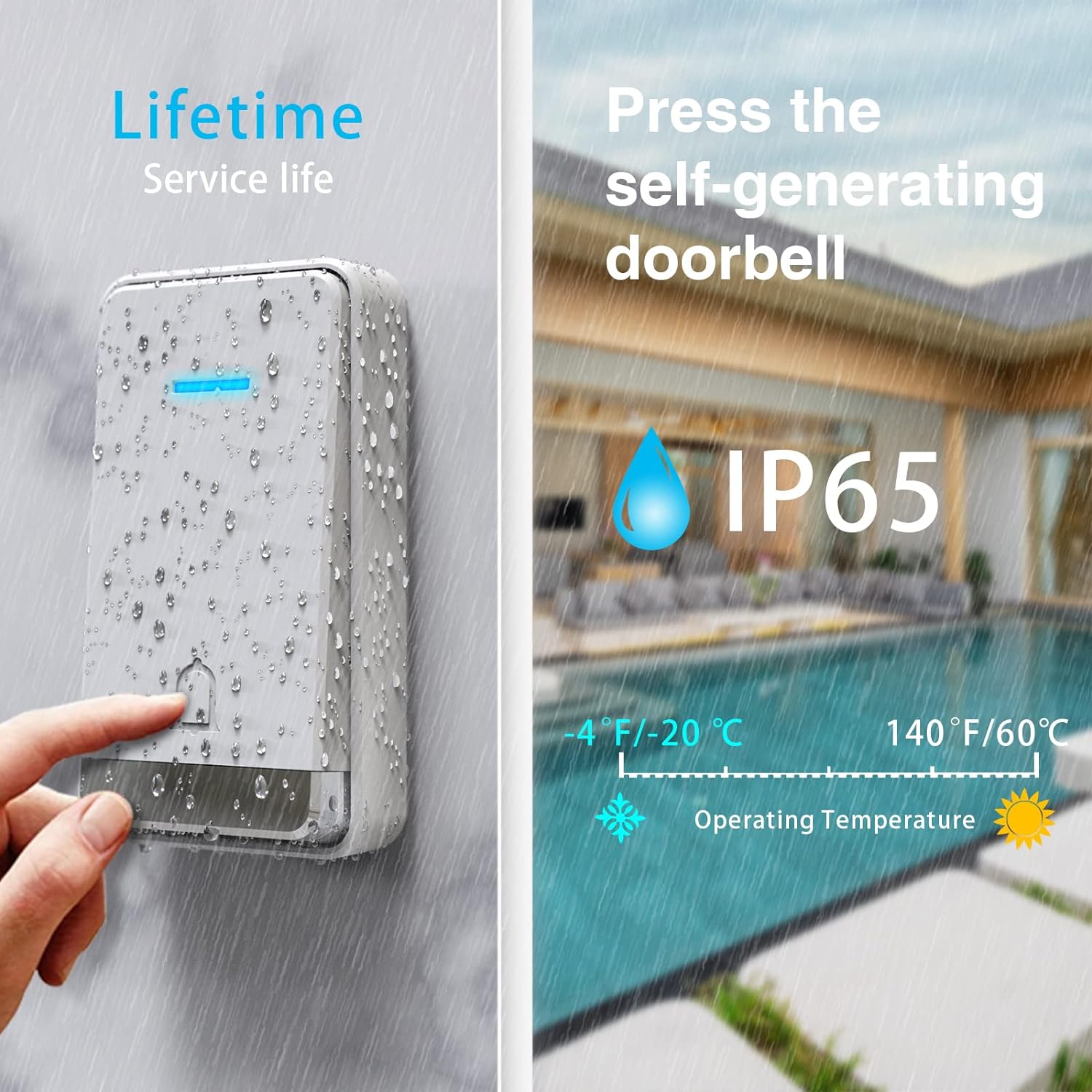 TECKNET Türklingel Batterielose, IP65 Wasserdicht Steckdosen-Funkklingel 400m Funk Türklingel Drahtloses