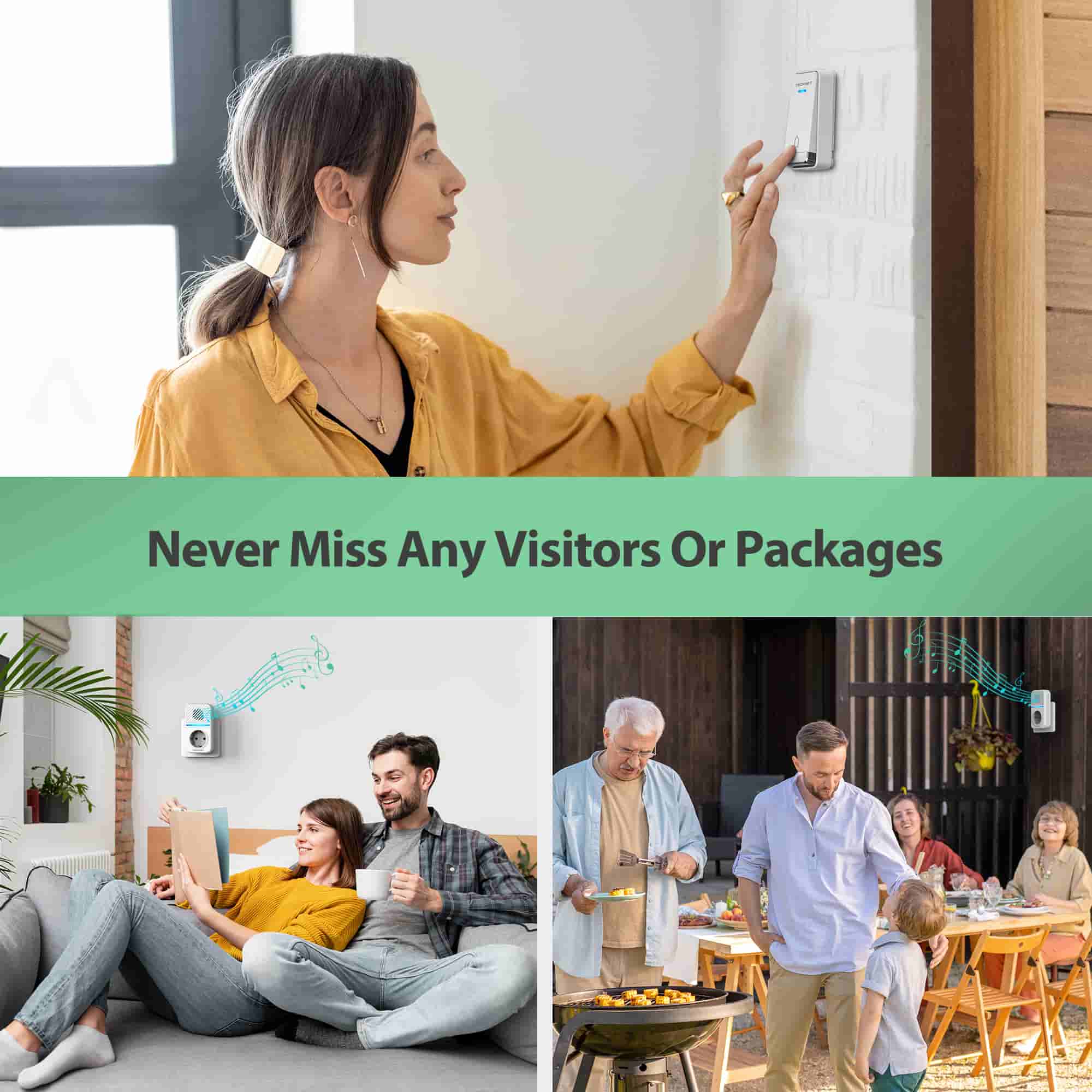 TECKNET Wireless Bell Battery-Free with EU Socket and USB, IP65 Waterproof