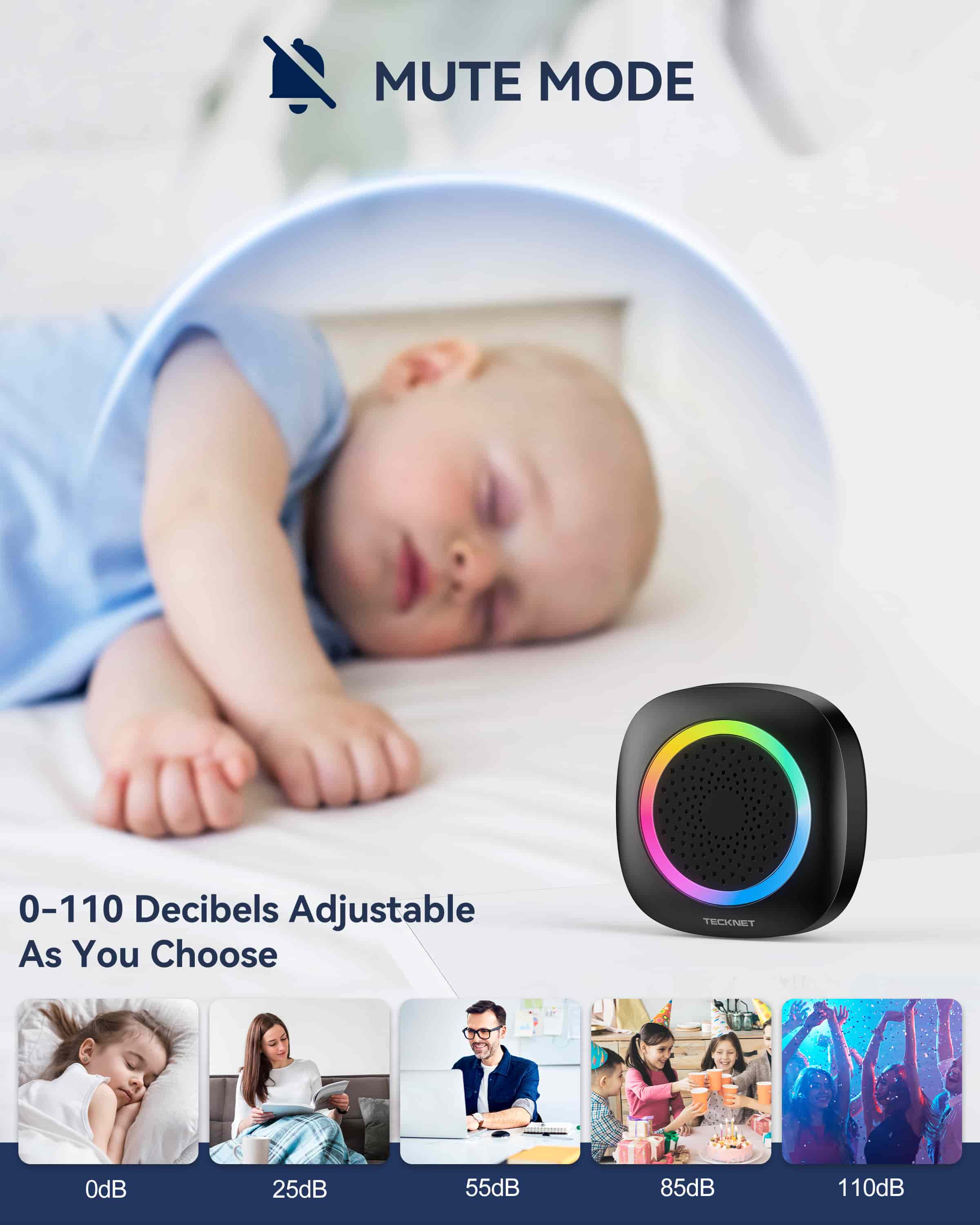 TECKNET Funkklingel, Kabellose Türklingel Batteriebetrieben mit RGB Licht 60 Melodien