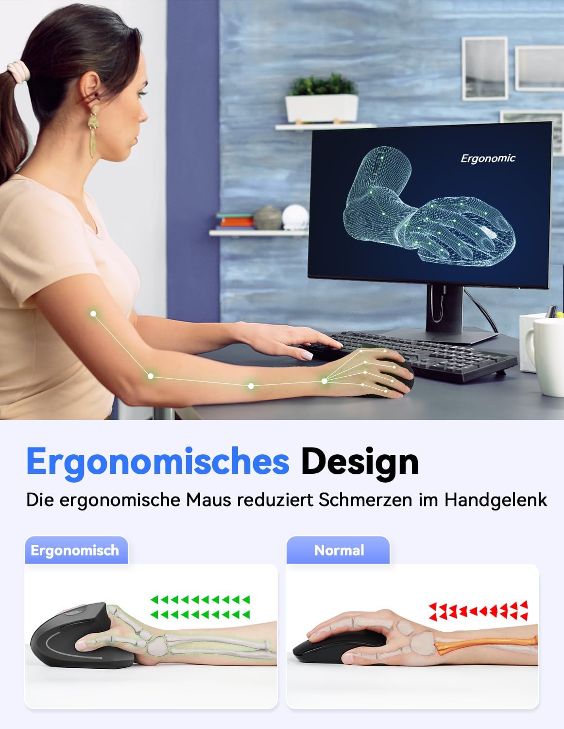 TECKNET Wireless Vertikale Ergonomische Maus, 6 Tasten Kabellose Optische Maus 4800DPI