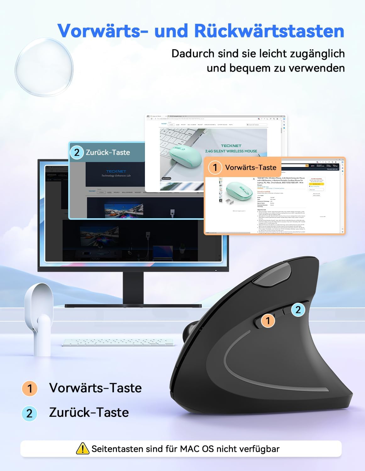 TECKNET Wireless Vertikale Ergonomische Maus, 6 Tasten Kabellose Optische Maus 4800DPI