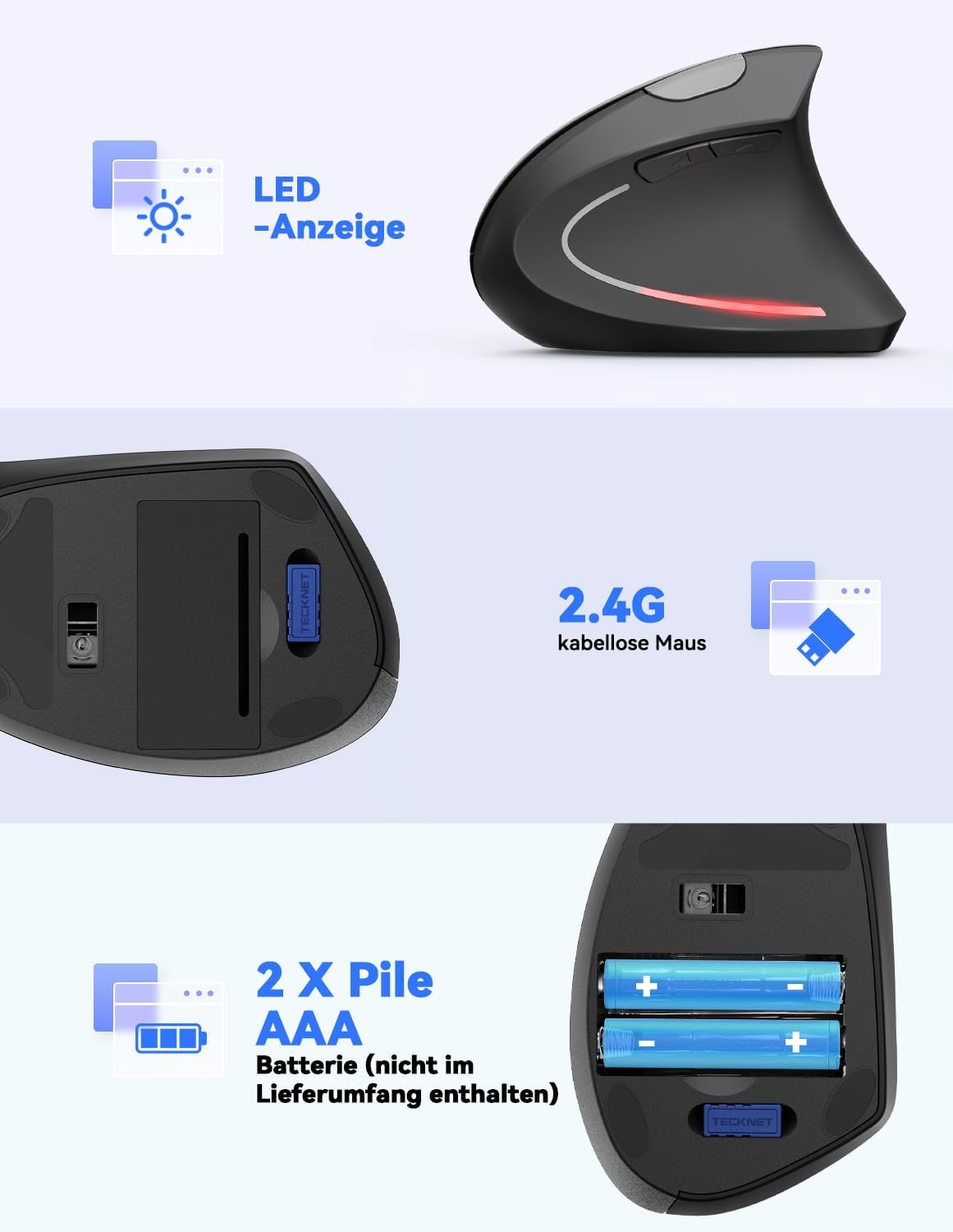 TECKNET Wireless Vertikale Ergonomische Maus, 6 Tasten Kabellose Optische Maus 4800DPI