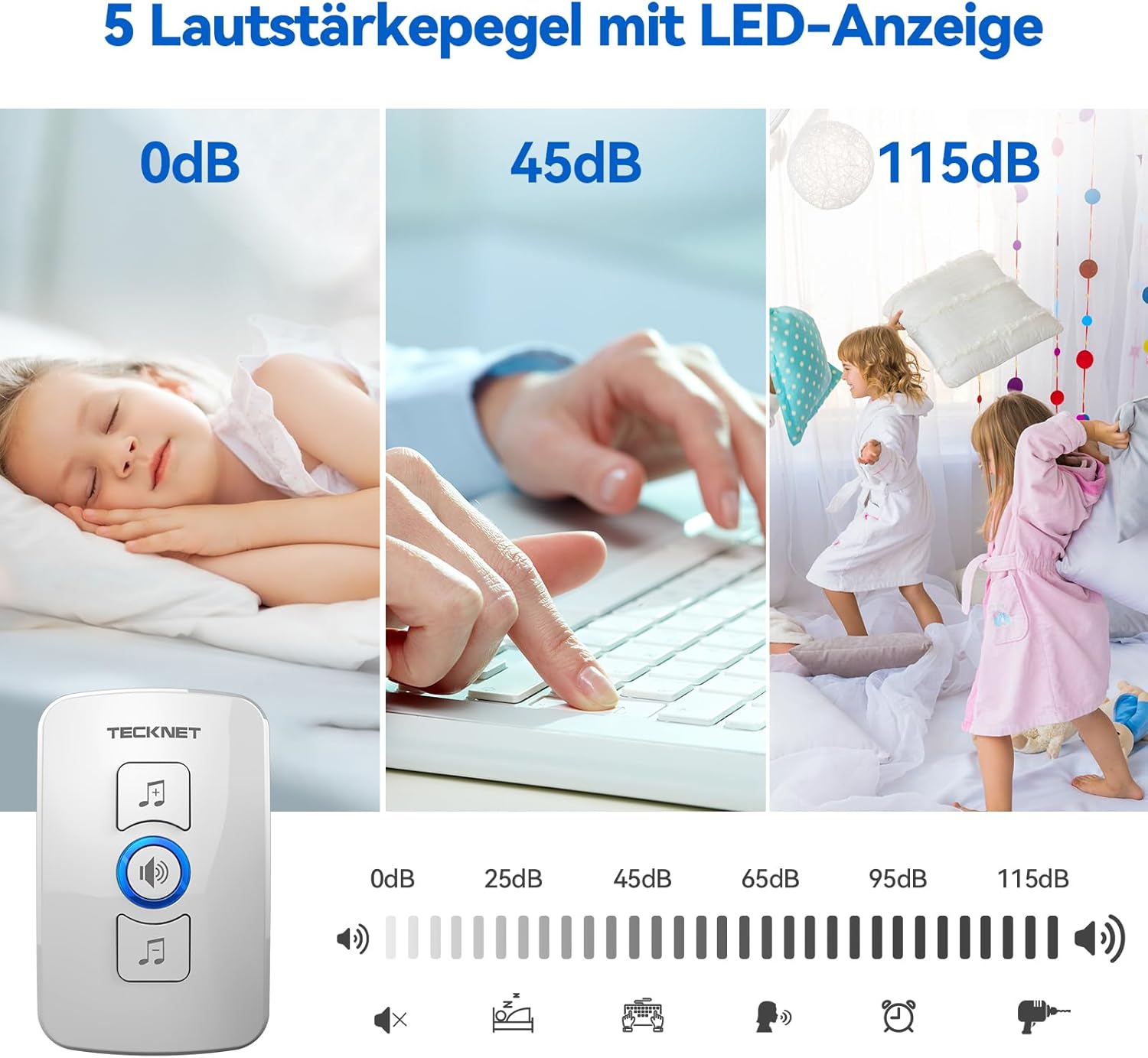 TECKNET Funkklingel, Kabellose Türklingel Set IP65 Funkklingel Aussen Wasserdicht mit 60 Melodien