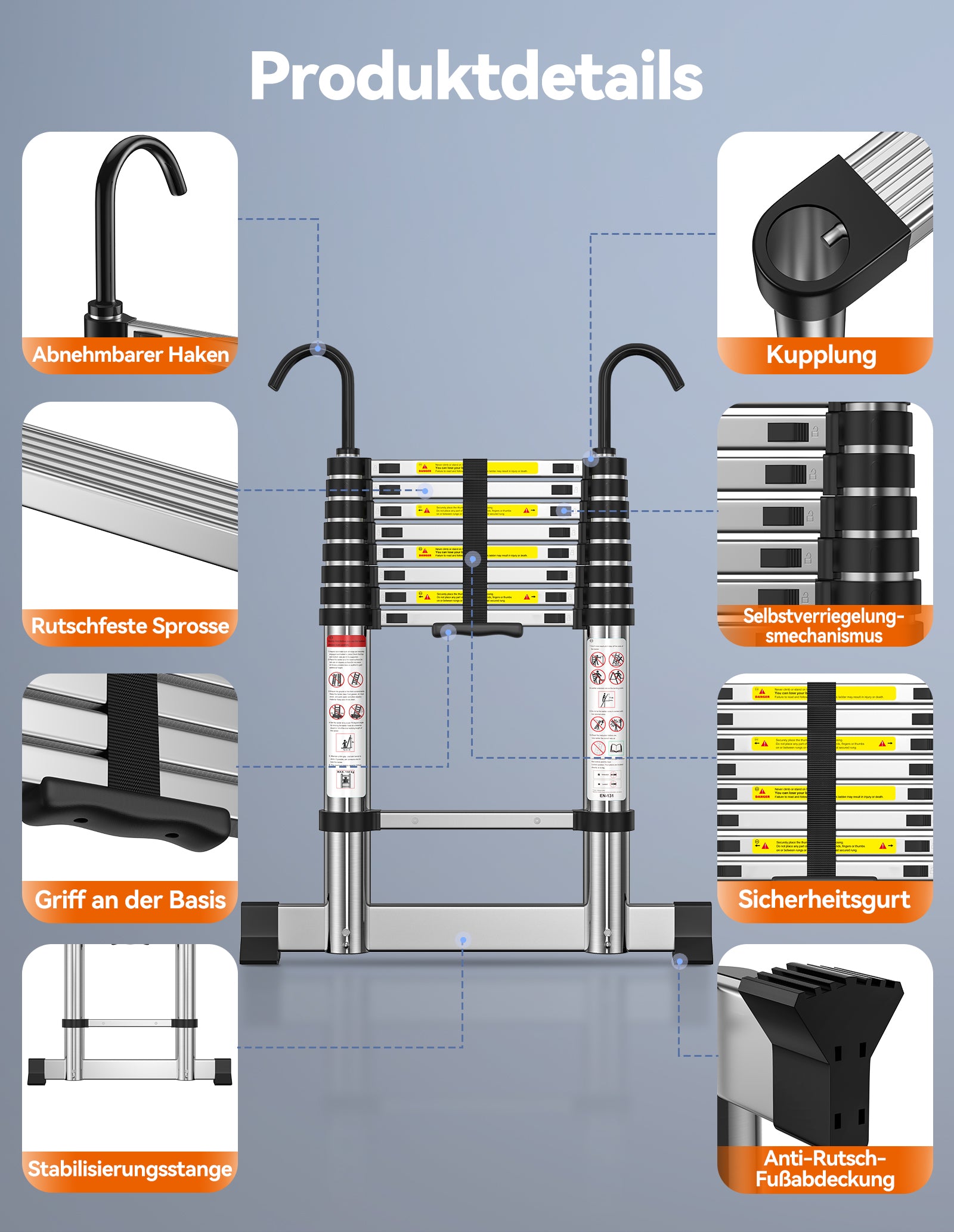 TECKNET Teleskopleiter, Aluminiumausfahrleitern mit Stabilisierungsstange, maximale Traglast 150 kg / 330 lbs