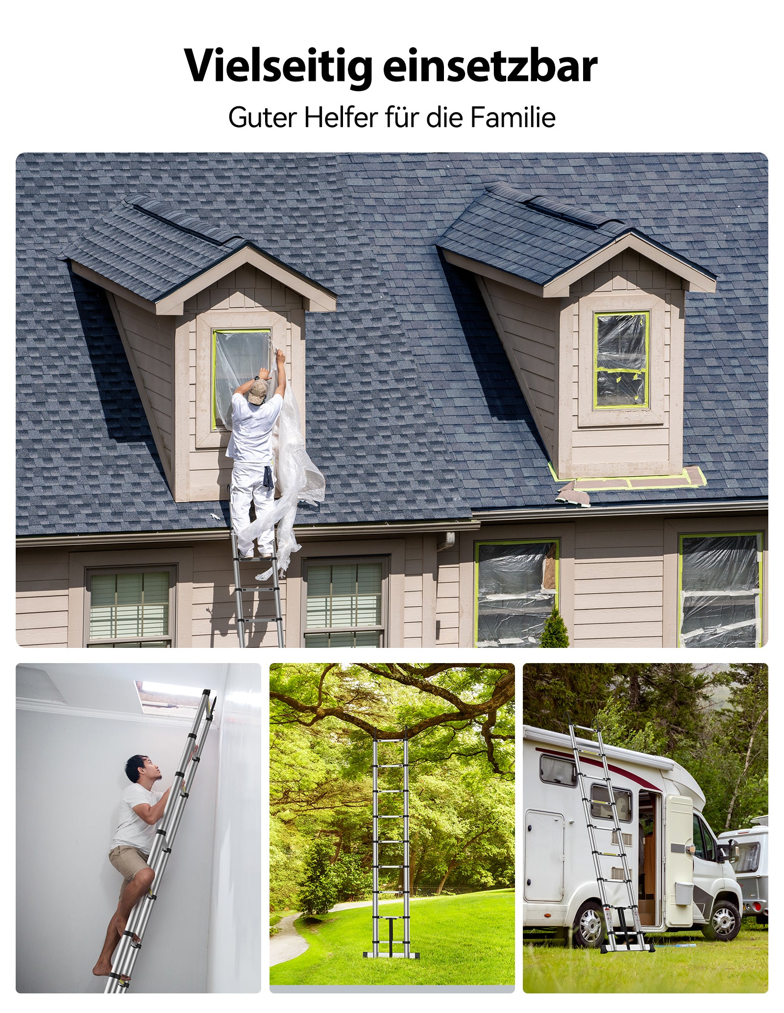 TECKNET Teleskopleiter, Aluminiumausfahrleitern mit Stabilisierungsstange, maximale Traglast 150 kg / 330 lbs